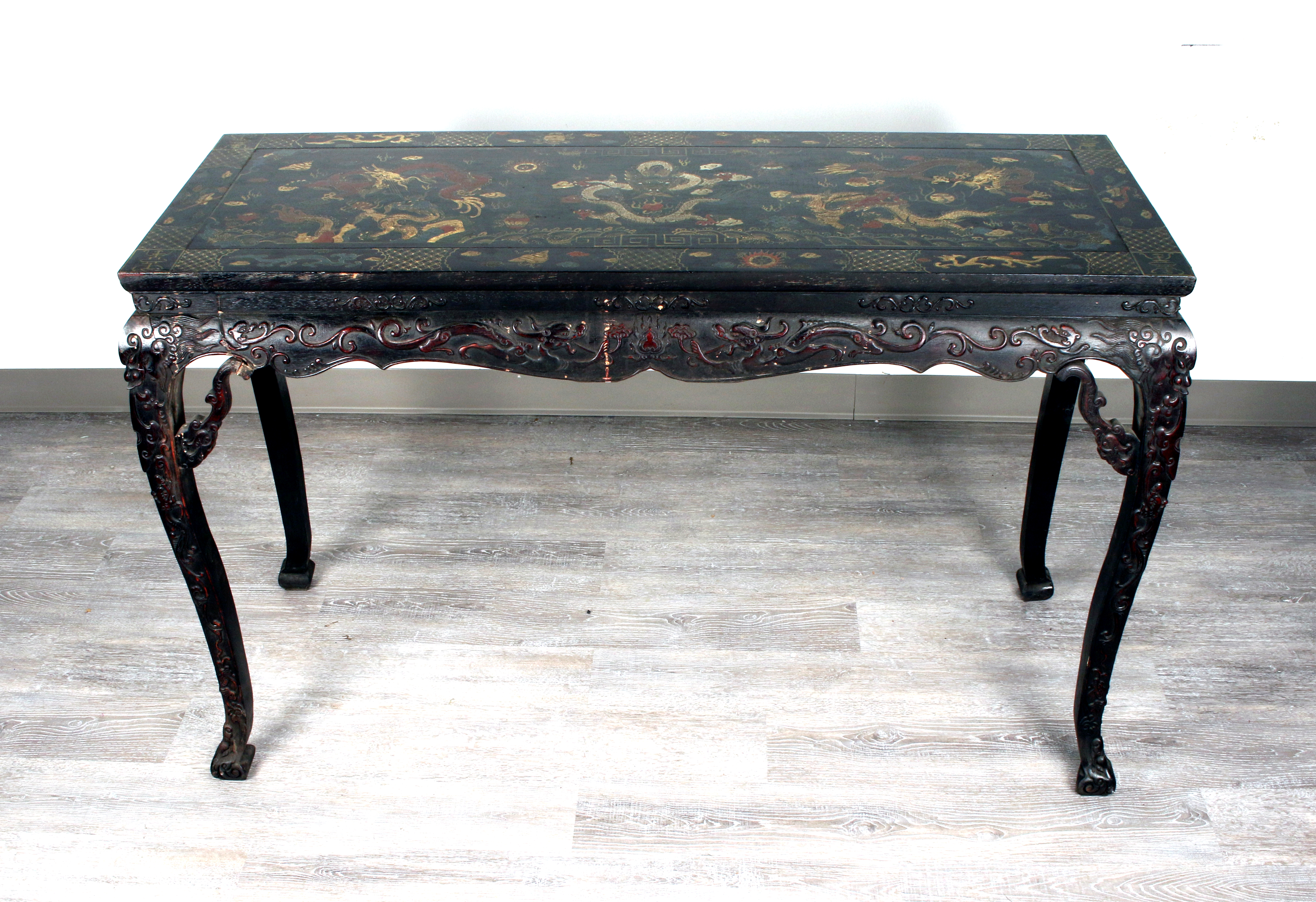 Vibrant Chinese Lacquer Table With Dragon Painting & Scholar Motifs image 1