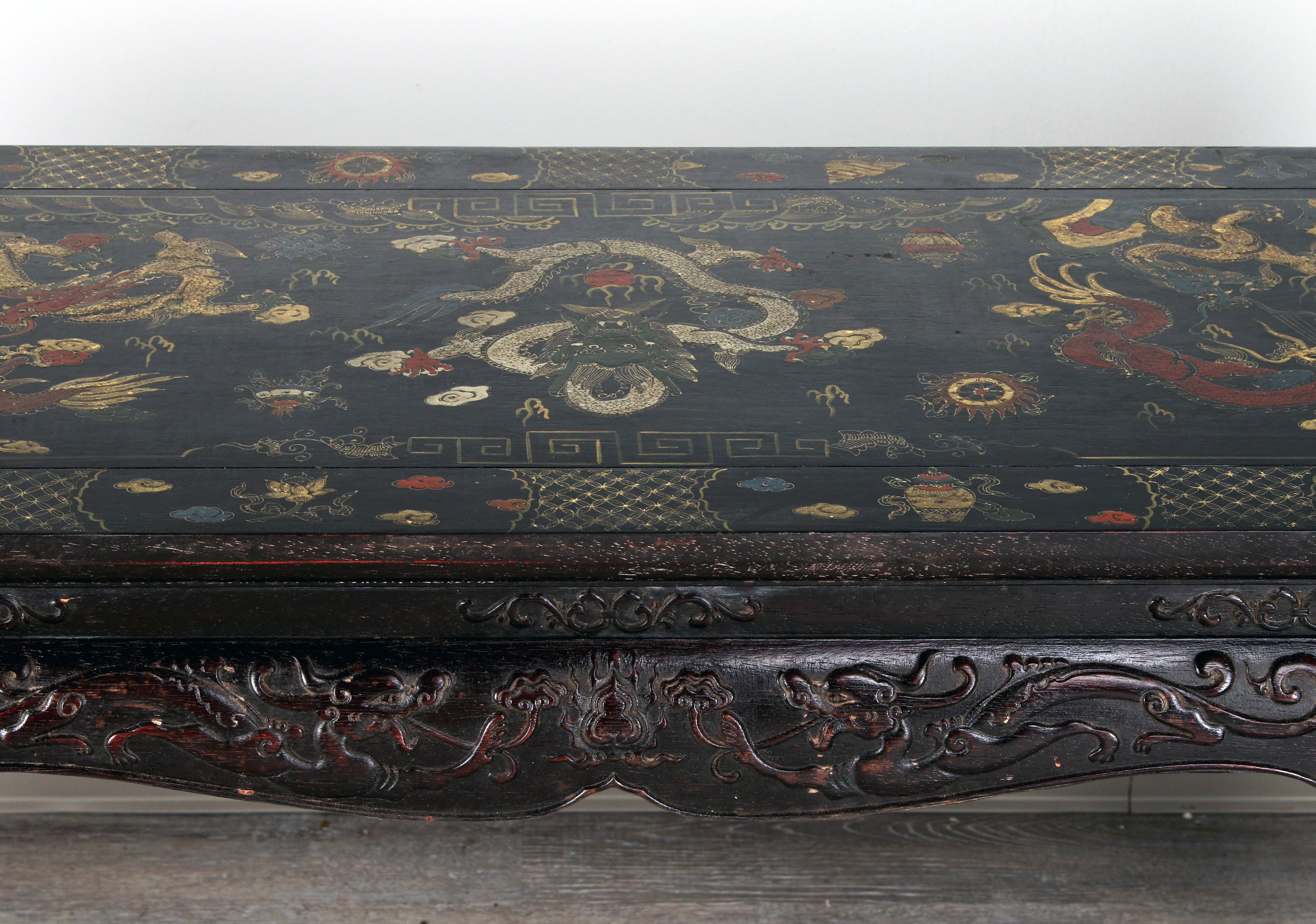 Vibrant Chinese Lacquer Table With Dragon Painting & Scholar Motifs image 3