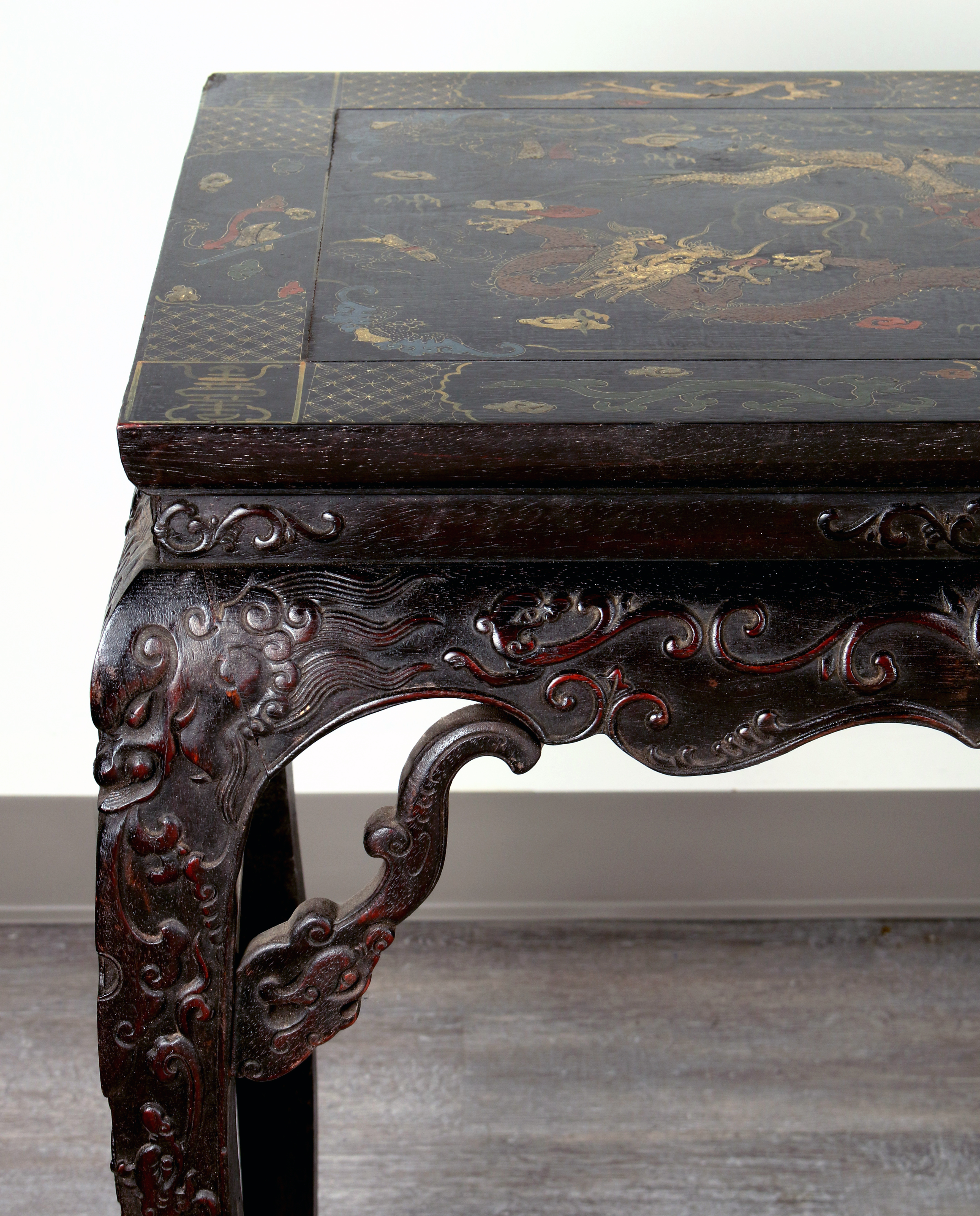 Vibrant Chinese Lacquer Table With Dragon Painting & Scholar Motifs image 4