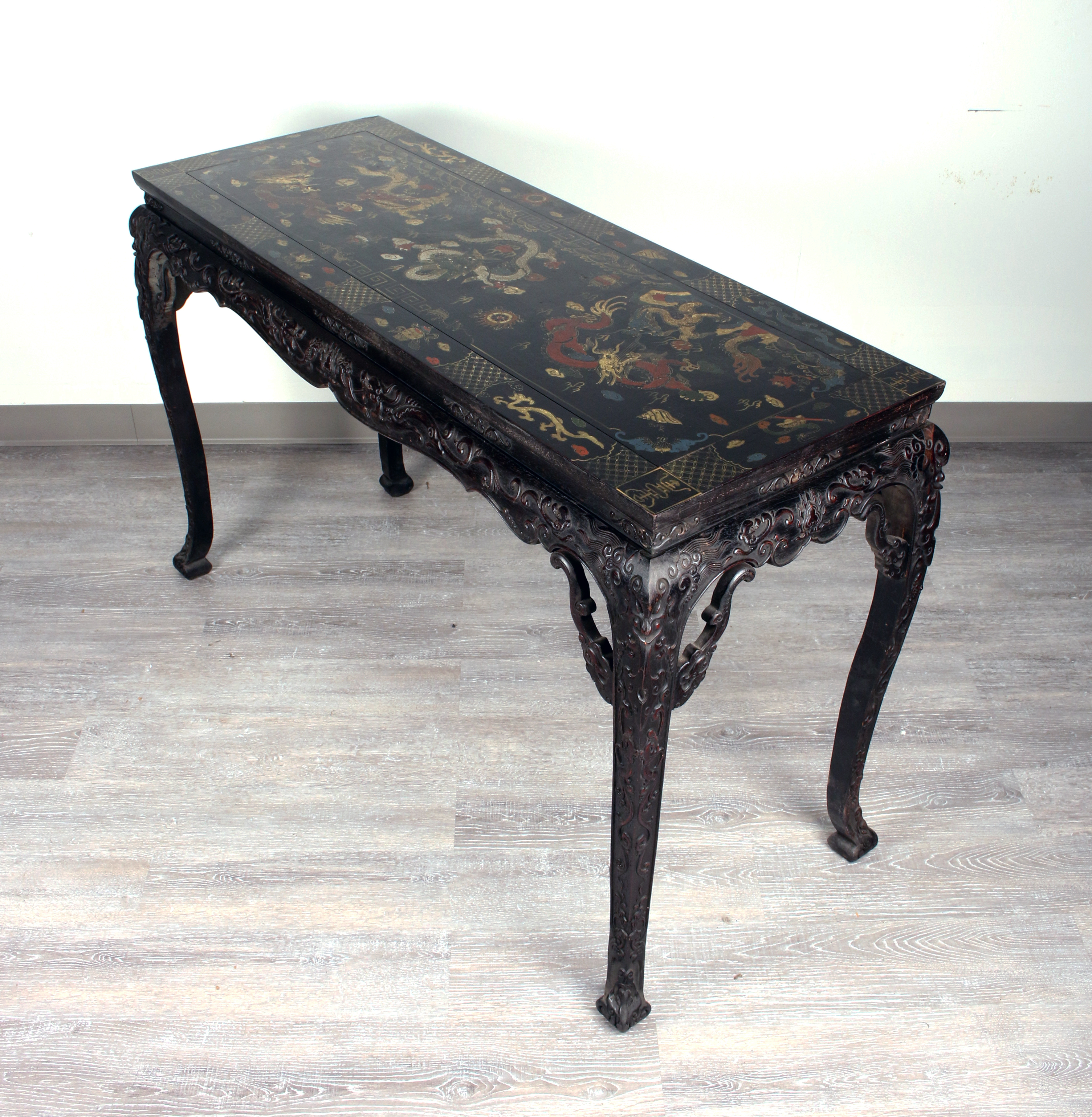 Vibrant Chinese Lacquer Table With Dragon Painting & Scholar Motifs image 6