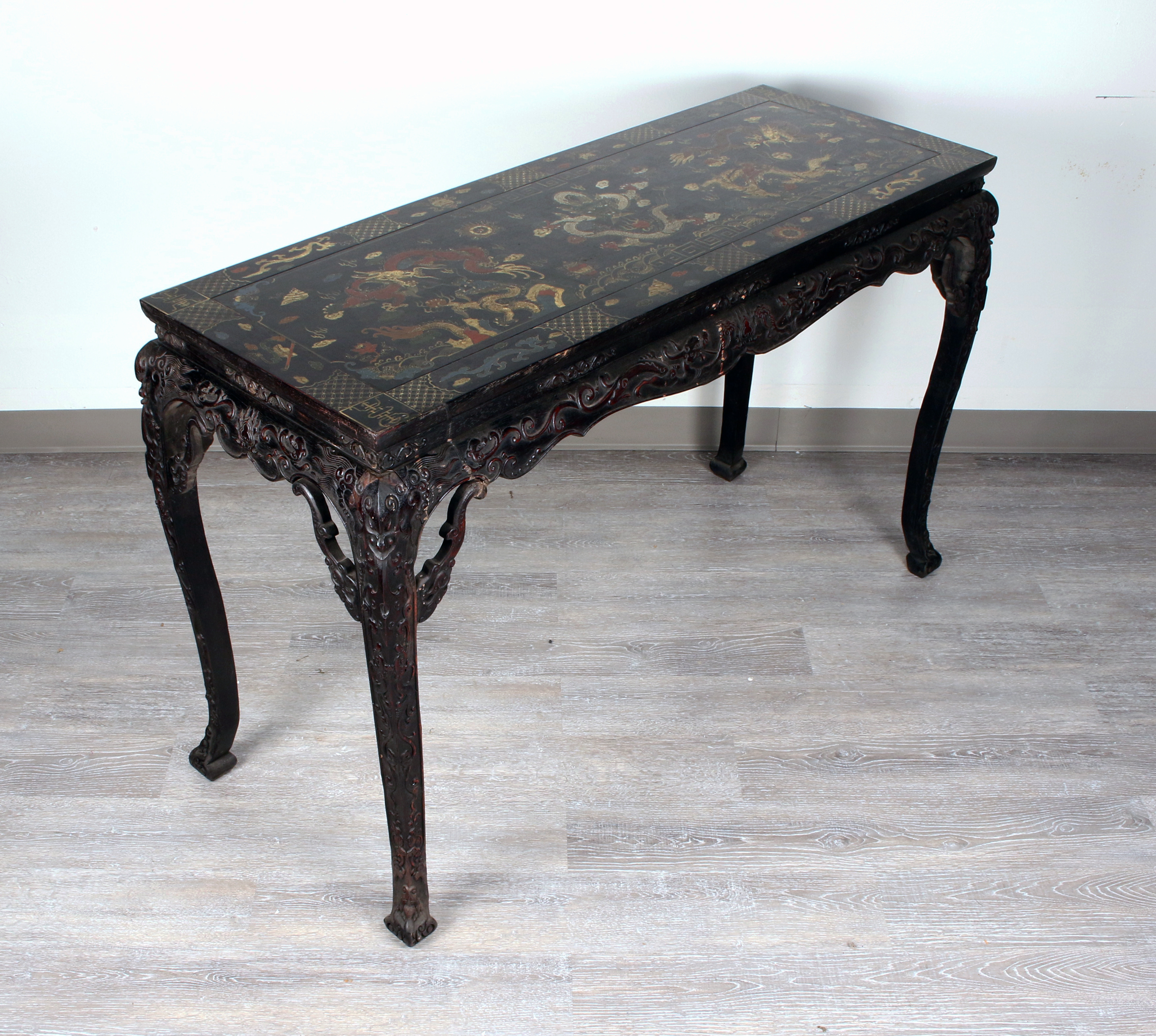 Vibrant Chinese Lacquer Table With Dragon Painting & Scholar Motifs image 7