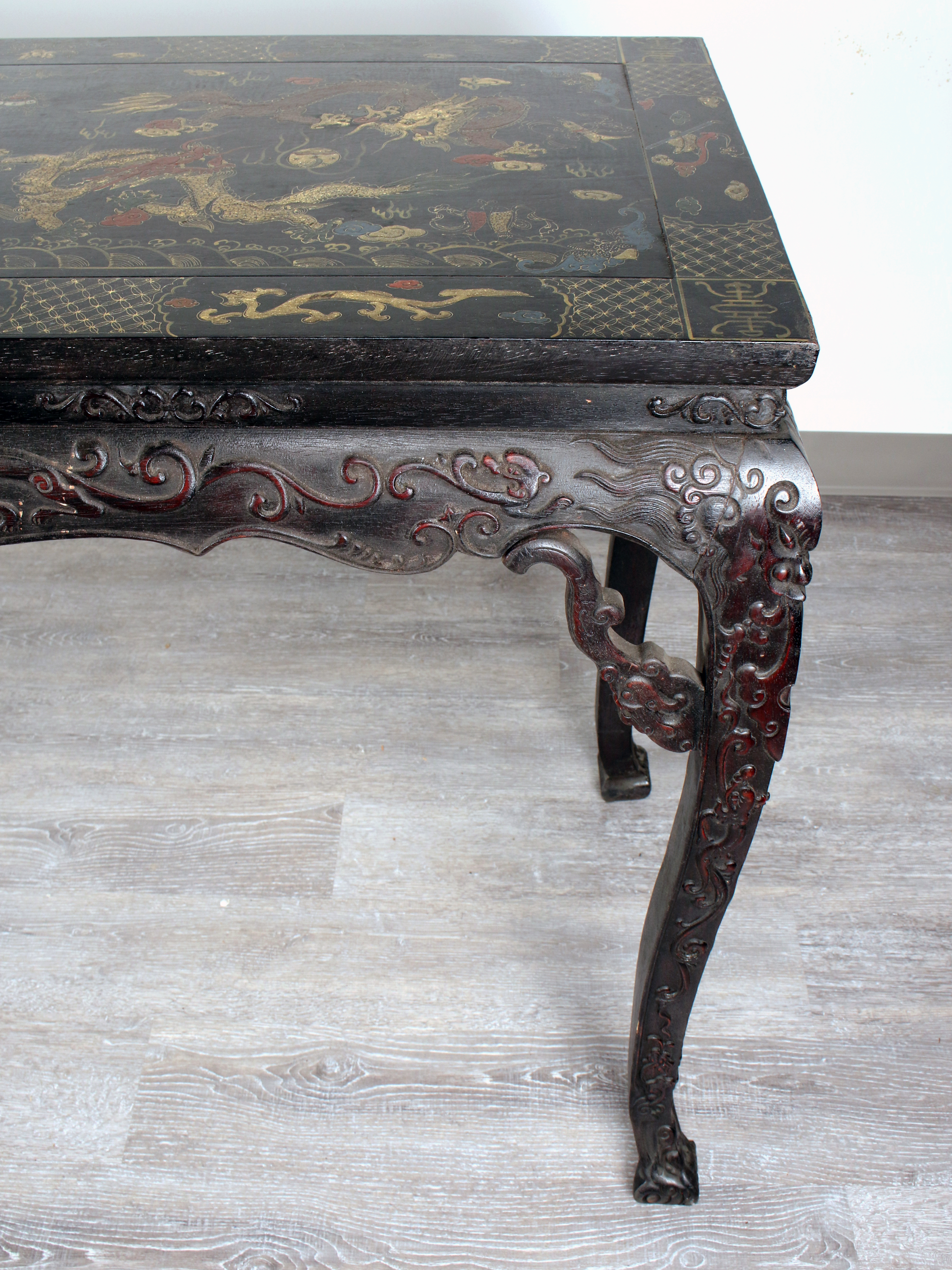 Vibrant Chinese Lacquer Table With Dragon Painting & Scholar Motifs image 8