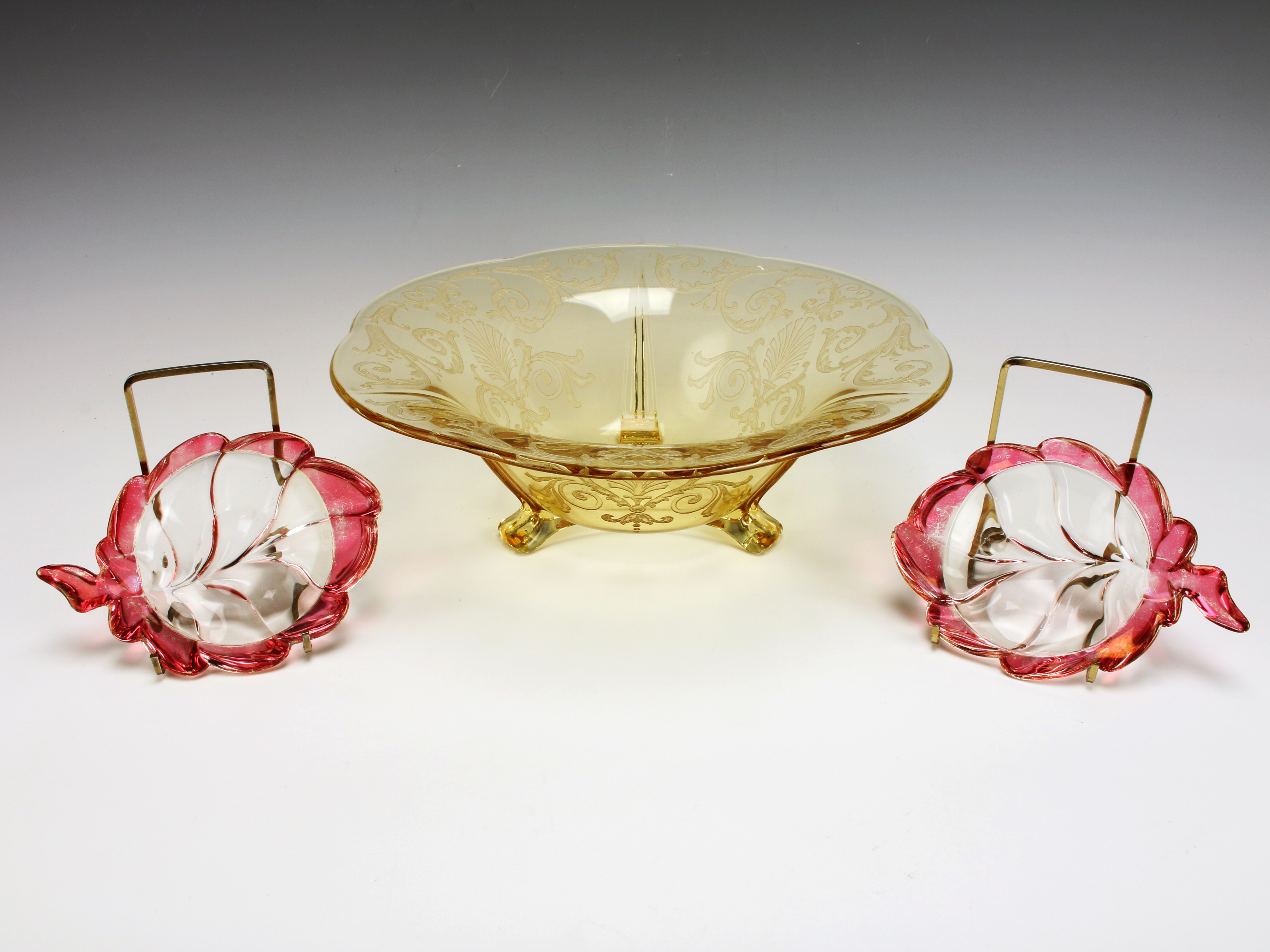 Amber Glass Bowl & Two Pink Glass Leaf Dishes image 1