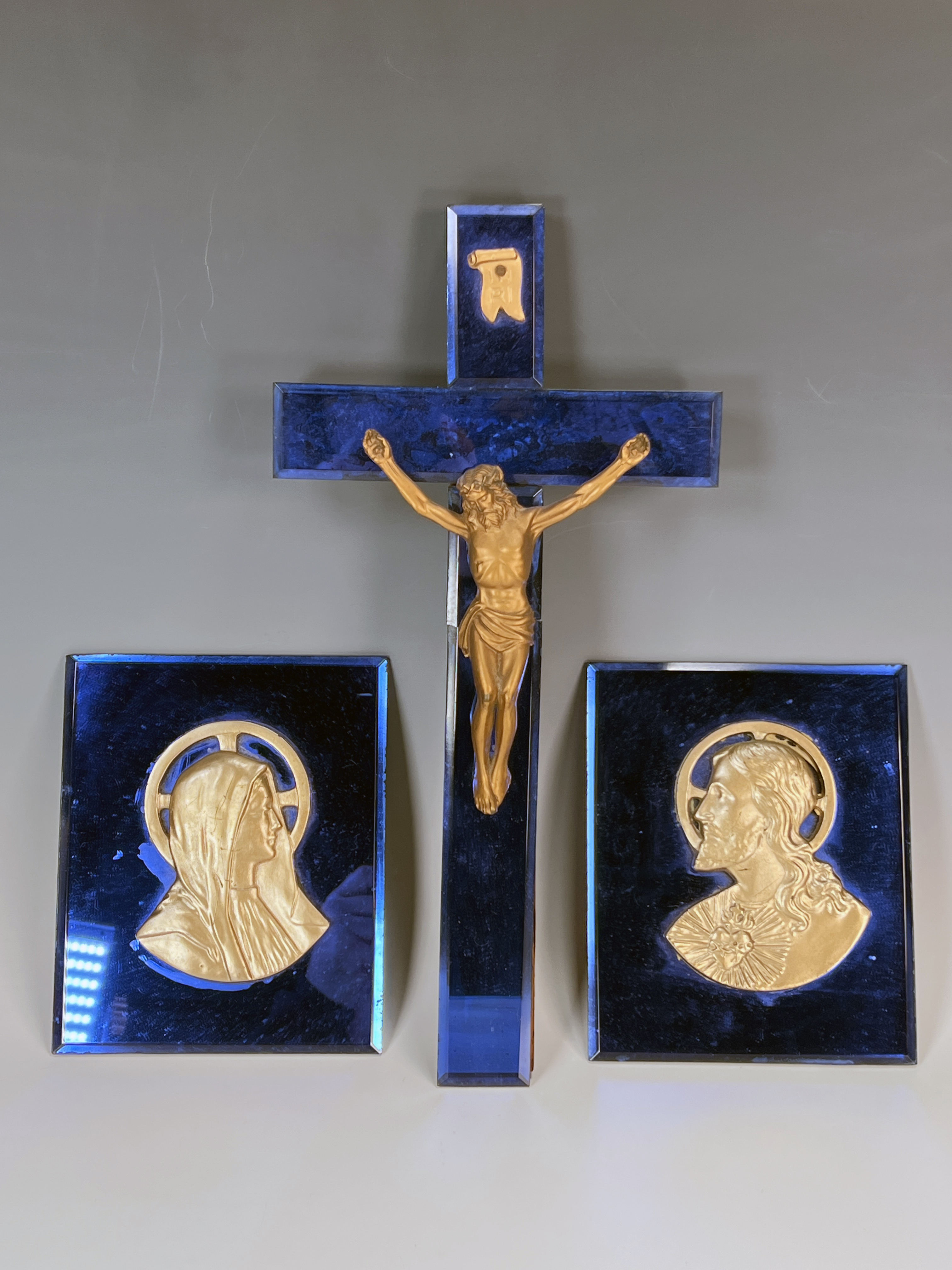 Vintage Cobalt Mirror Crucifix & Plaques image 1