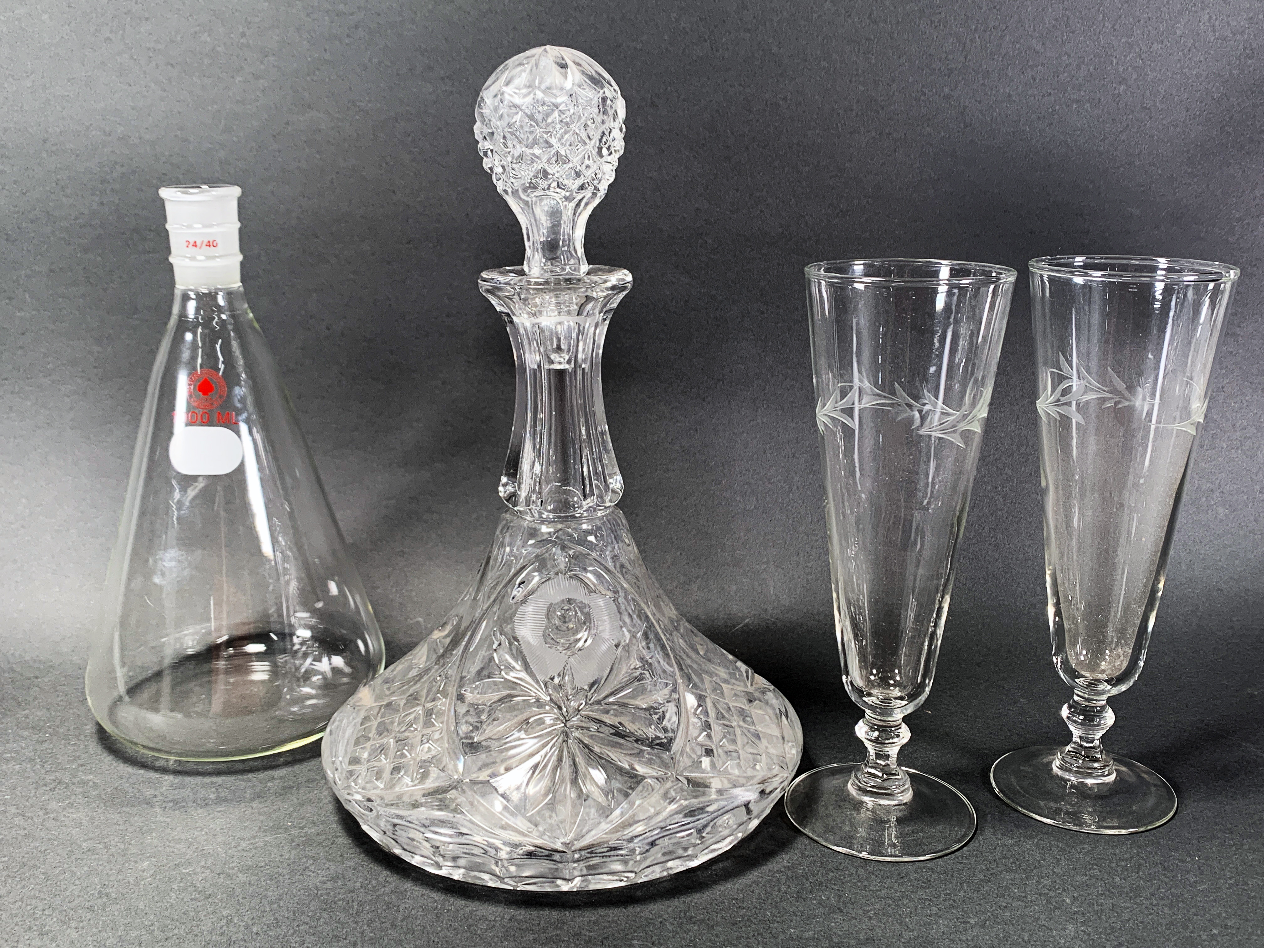 Ace 1000 Ml Glass Lab Beaker, Decanters, & Two Goblets image 1