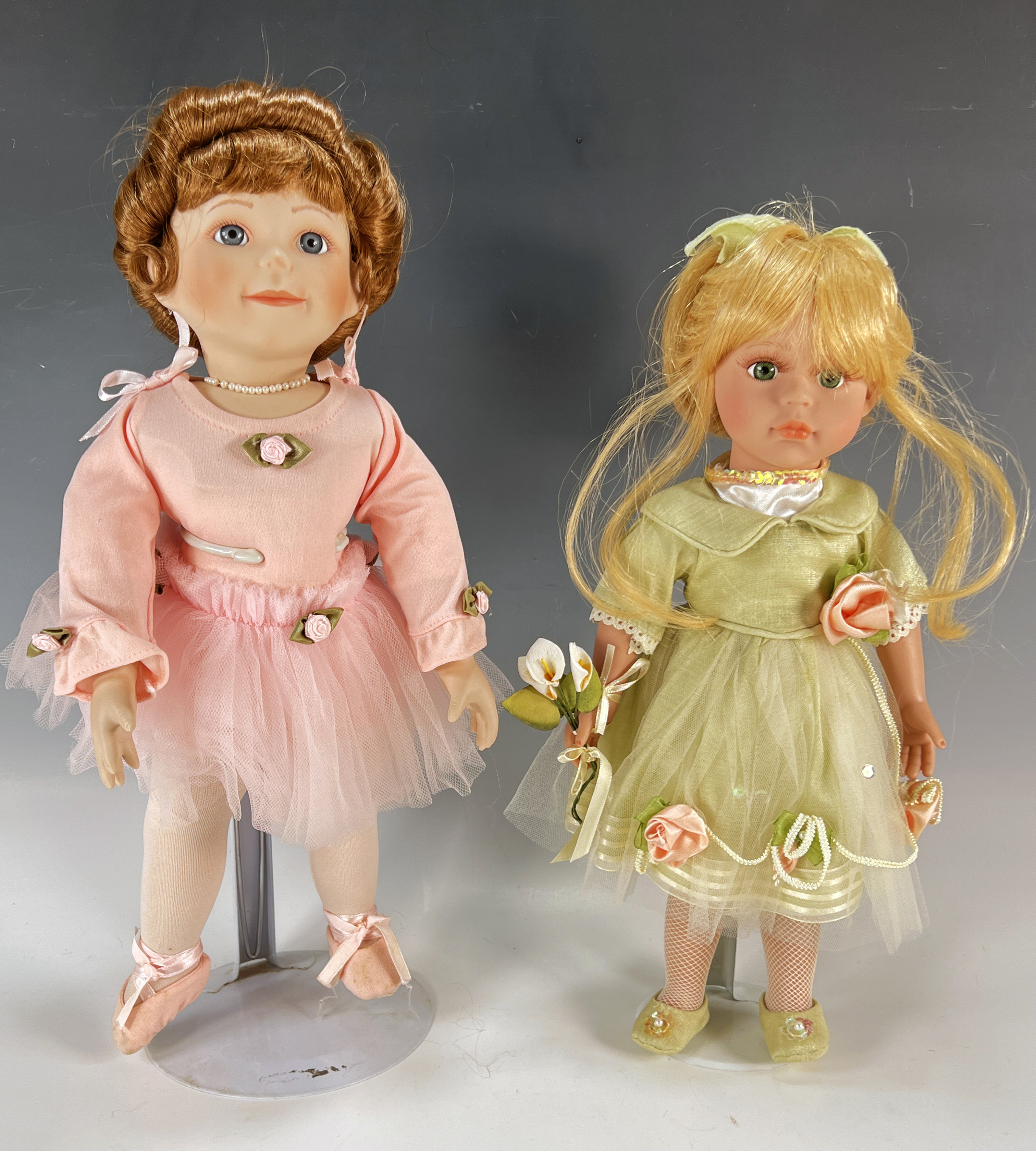 Porcelain Ballerina Doll And Doll In Green Dress image 1