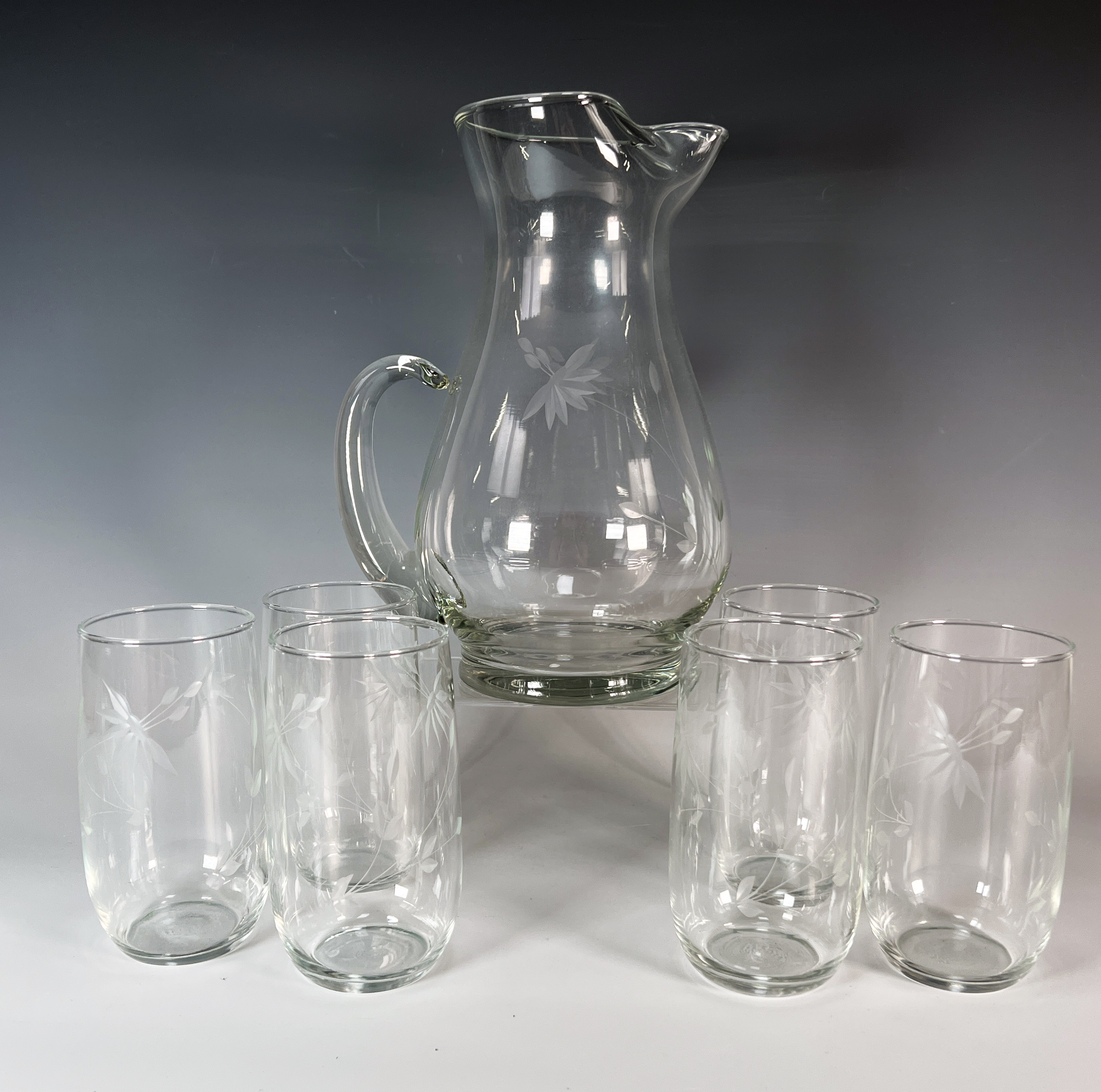 Etched Glass Pitcher & 6 Juice Glasses image 1