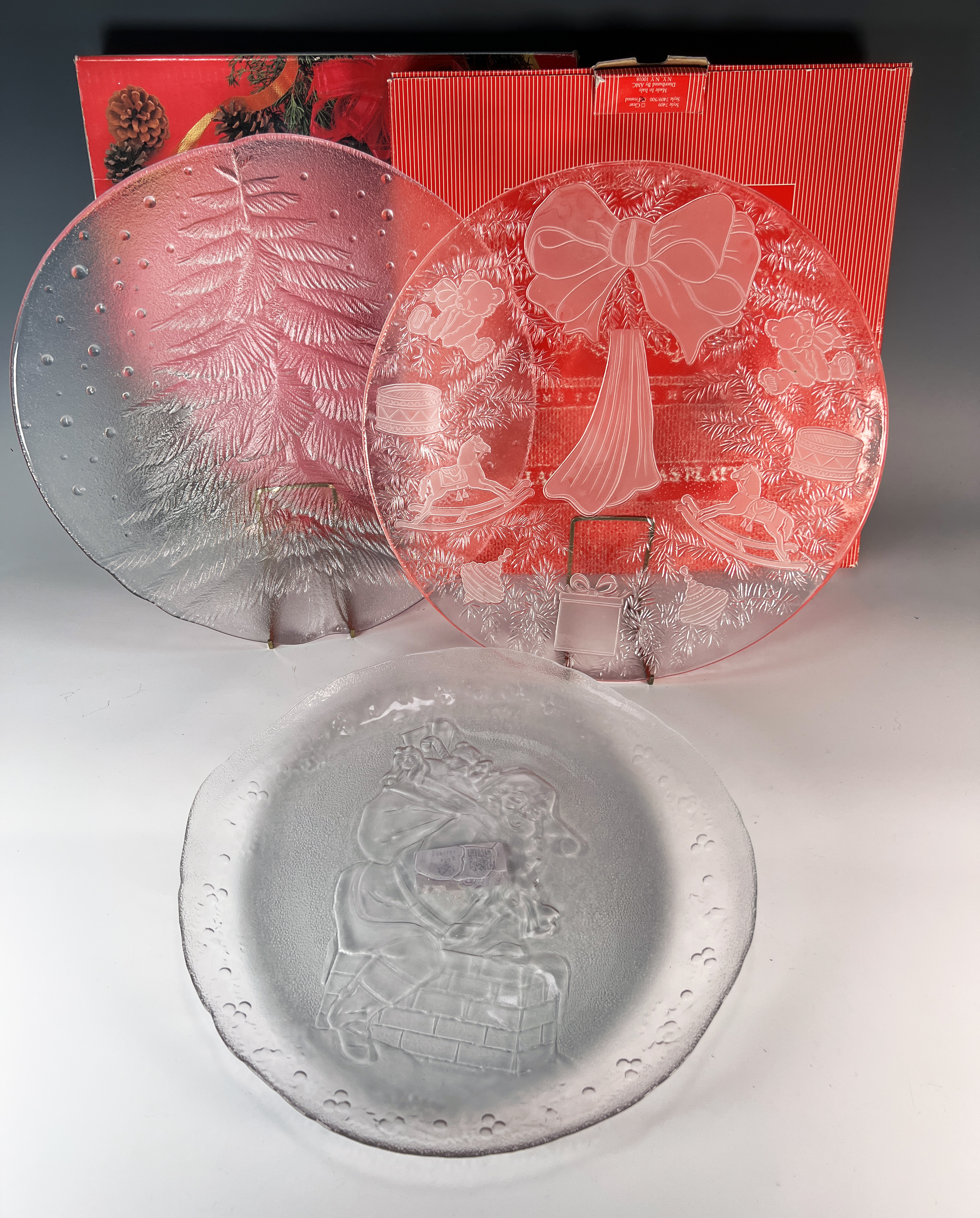 Three Glass Crystal Christmas Trays, Two In Box image 1