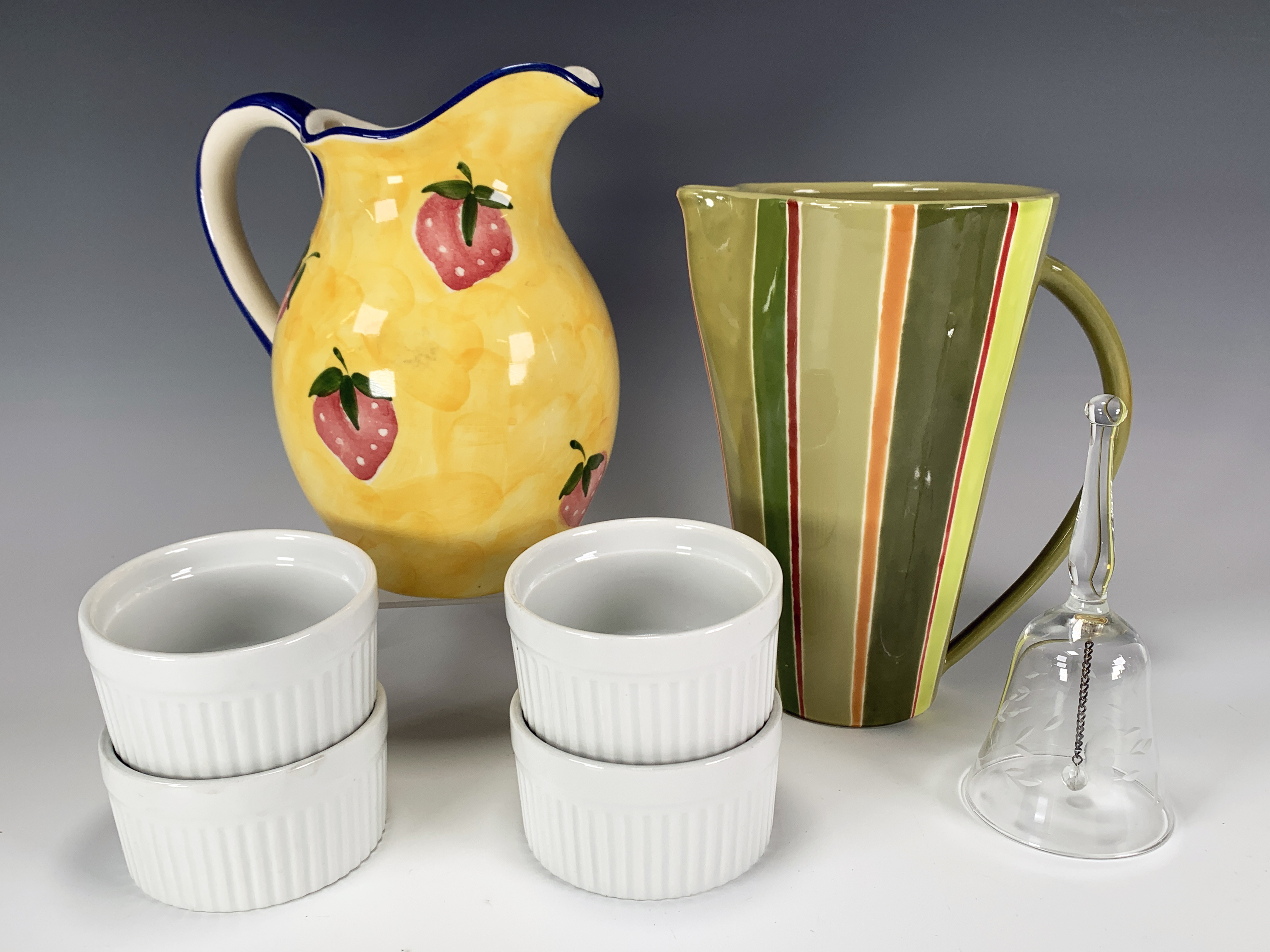Two Hand Painted Pitchers, Four Ramekins, & Glass Bell image 1