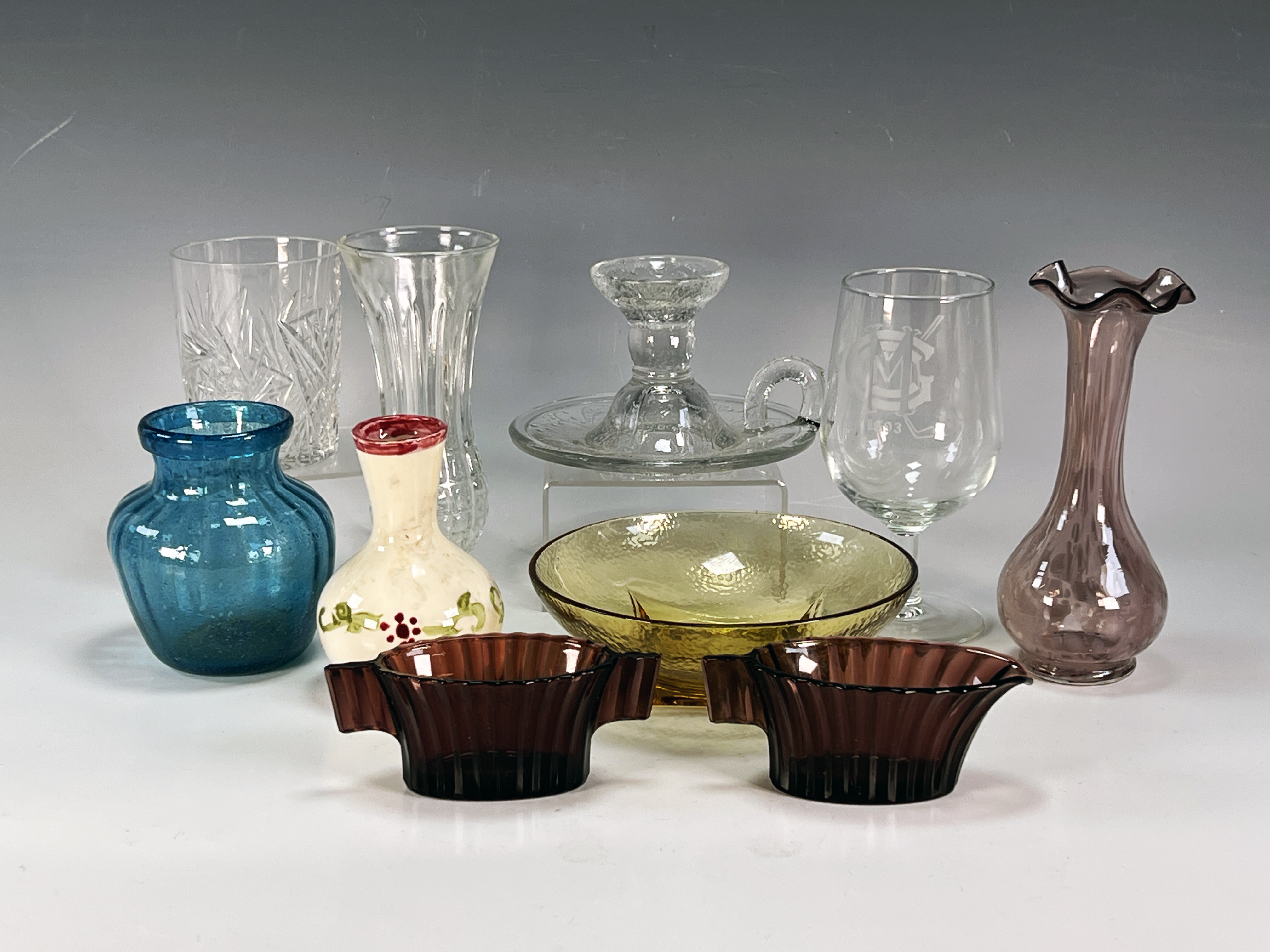 Lot Of Glassware Vases, Candlestick, Barware image 1