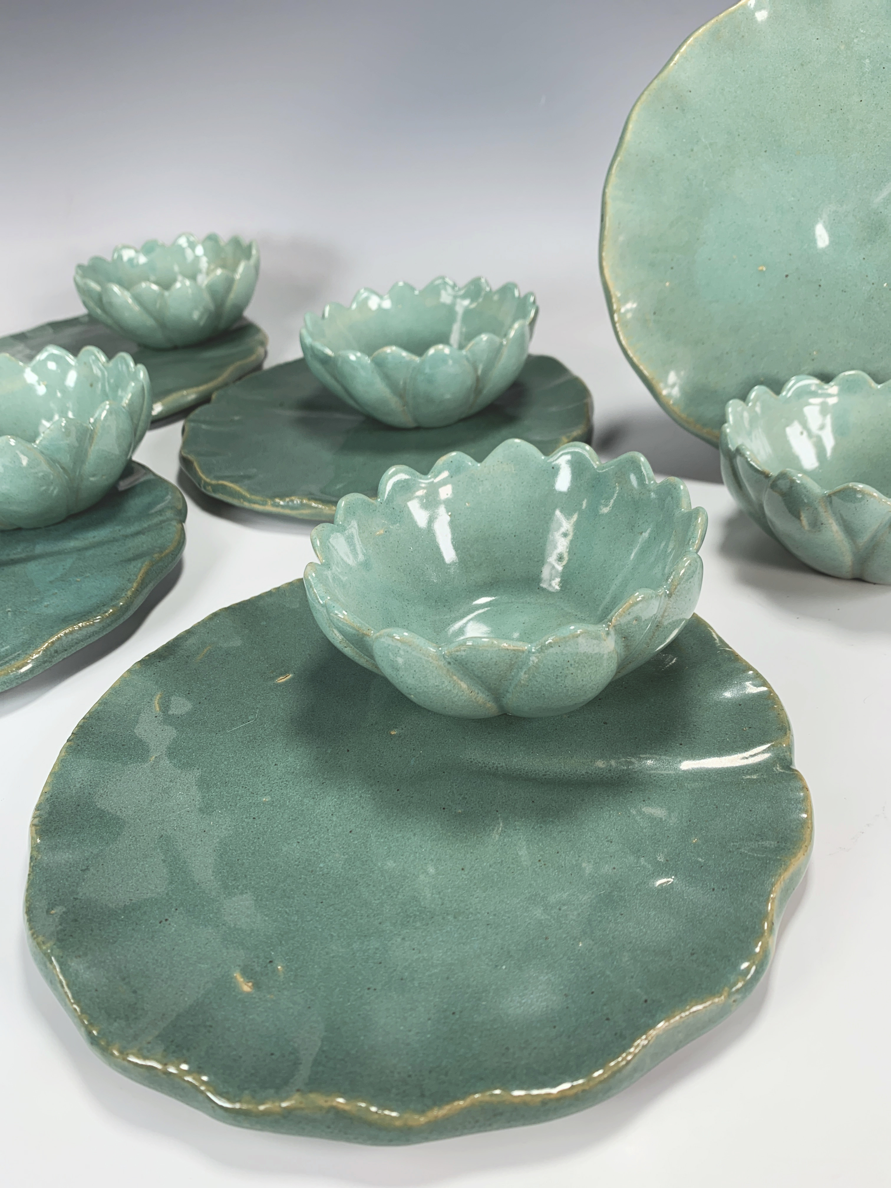 Rare Arts & Crafts Pottery Lotus Bowls & Matching Lily Pad Plates image 1