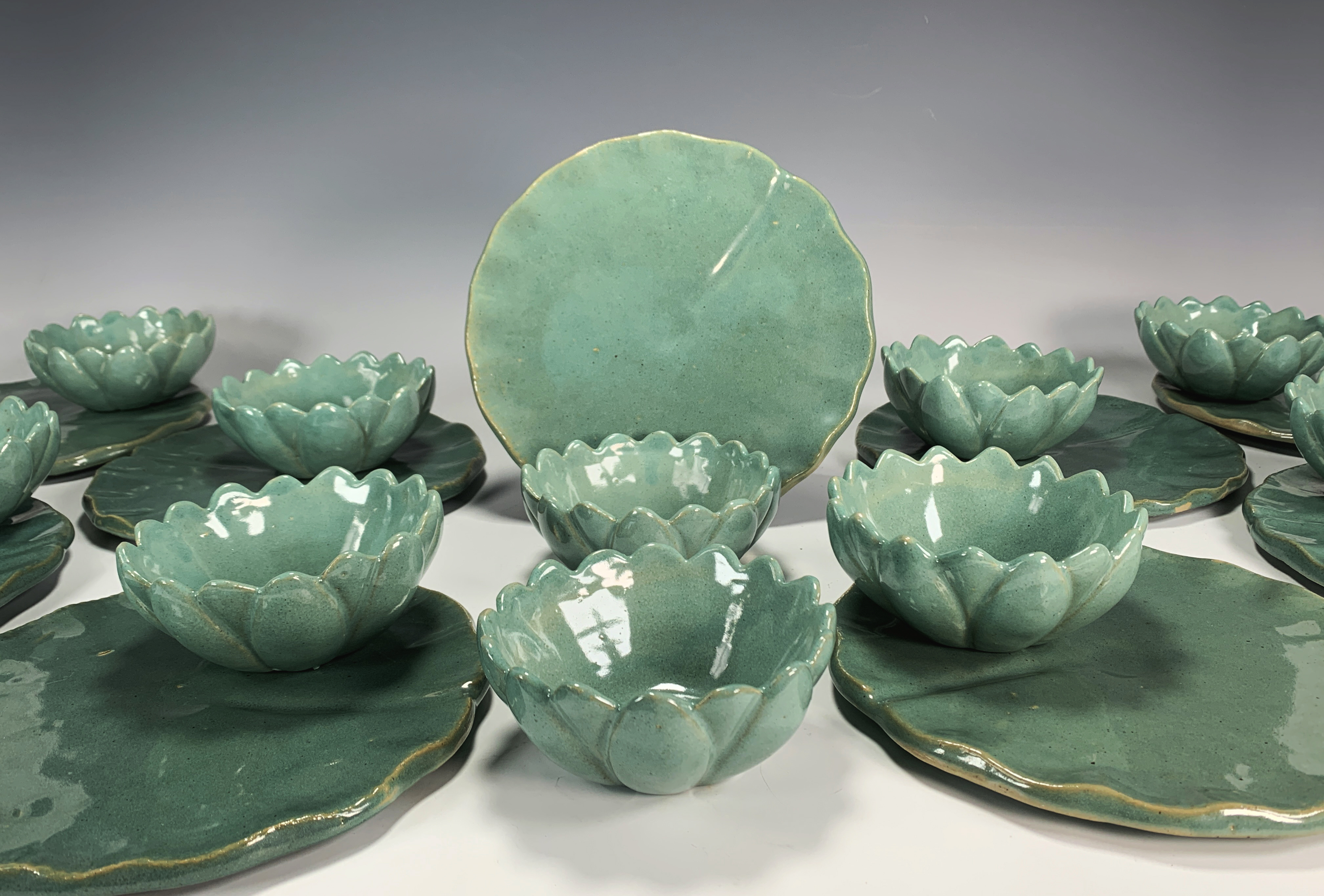 Rare Arts & Crafts Pottery Lotus Bowls & Matching Lily Pad Plates image 2