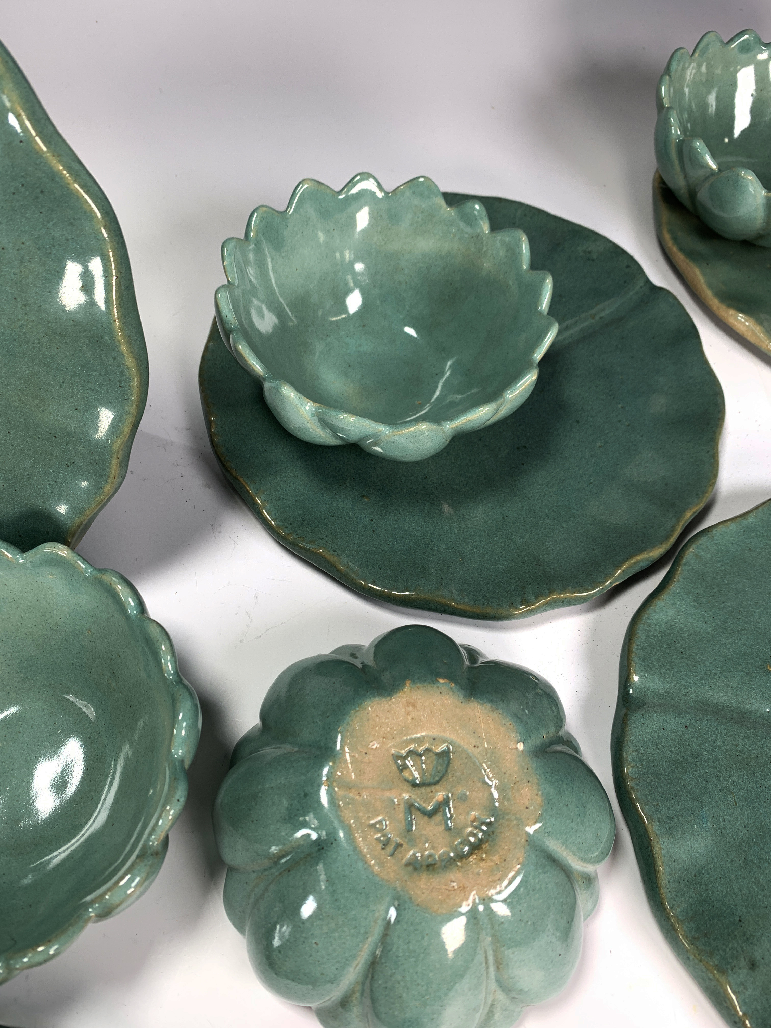 Rare Arts & Crafts Pottery Lotus Bowls & Matching Lily Pad Plates image 3