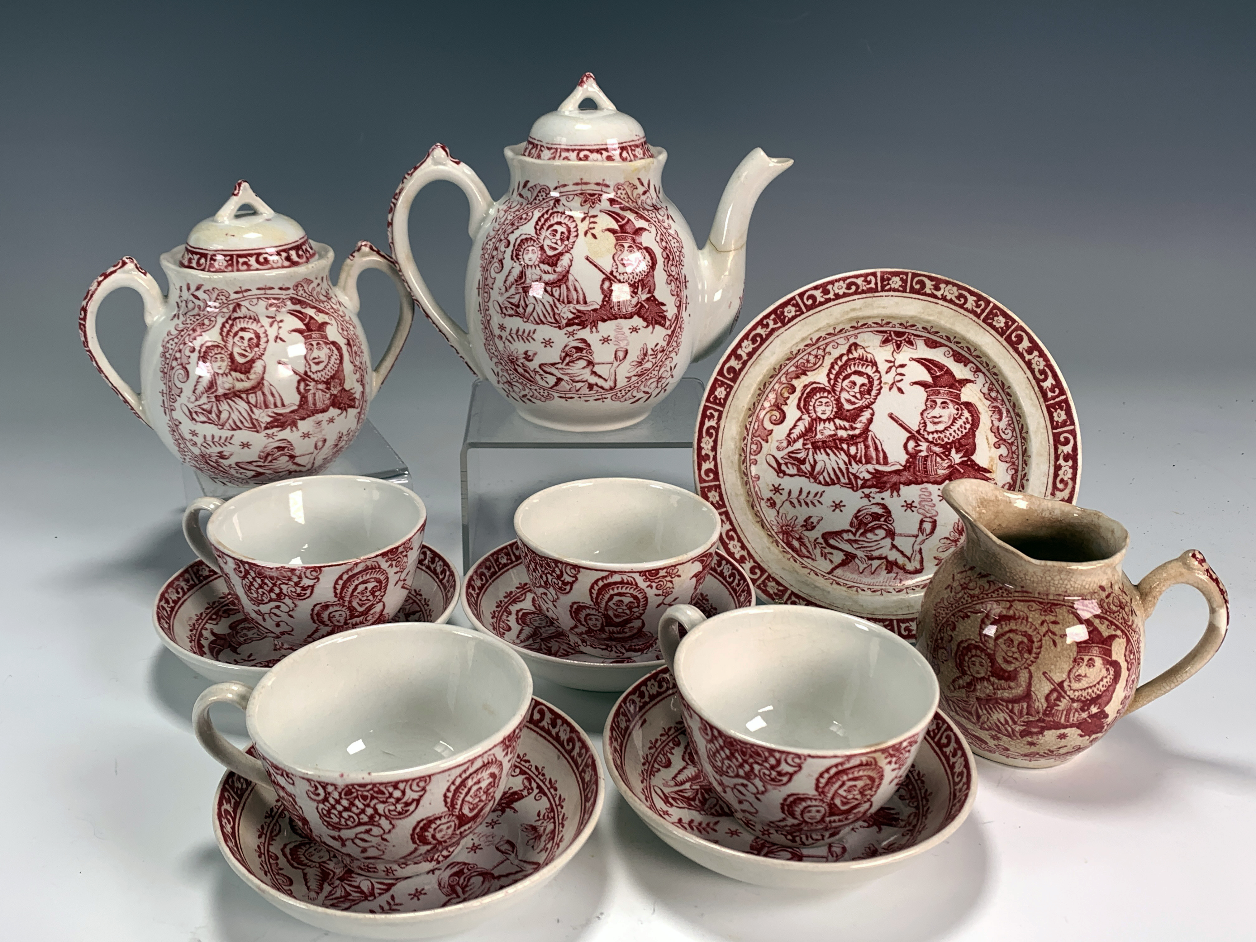 AntiqueÂ punch & JudyÂ english Red Transferware Tea Set image 1