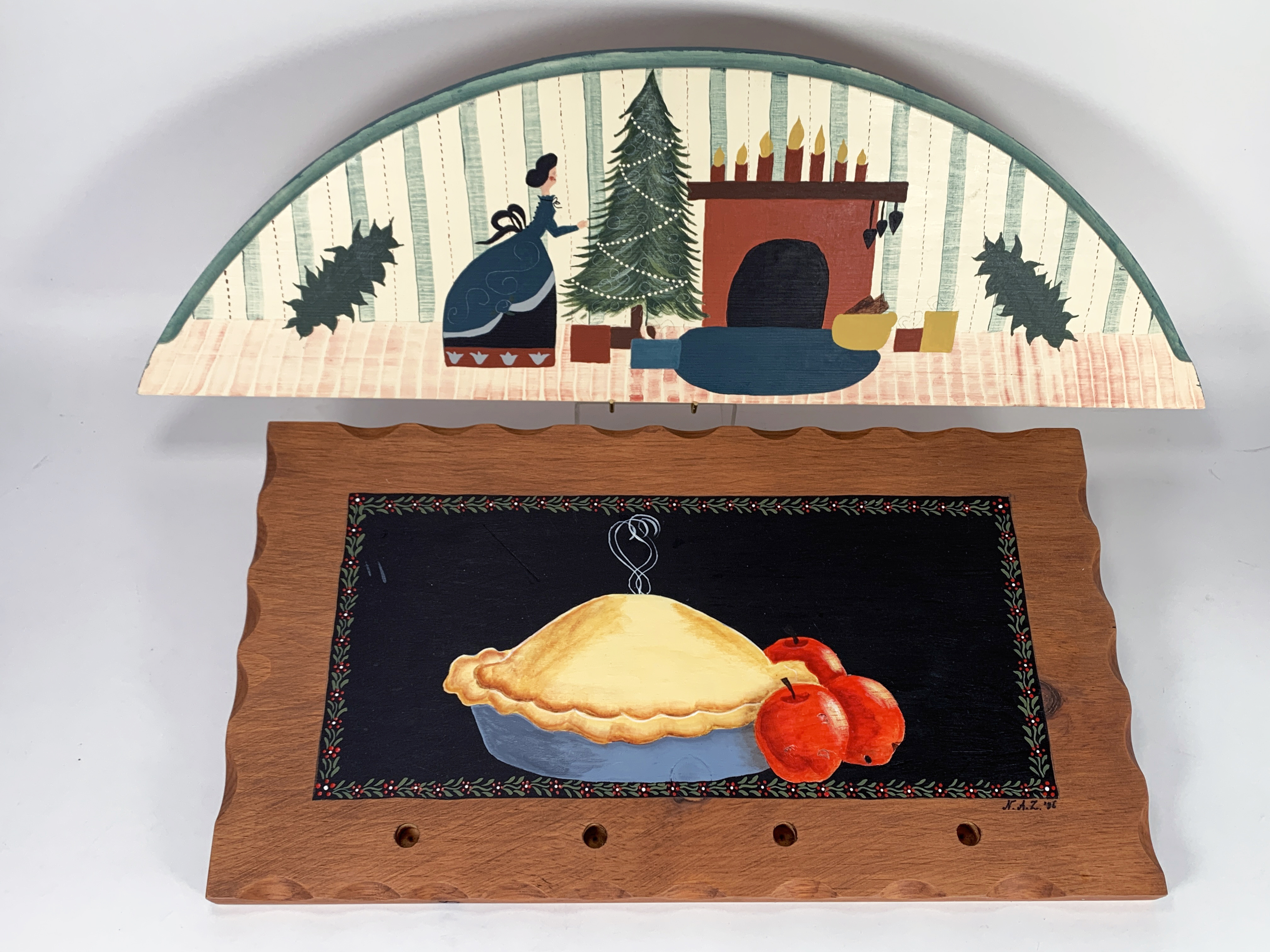 Vintage Folk Art Of Christmas Scene & Cherry Pie Plaques image 1