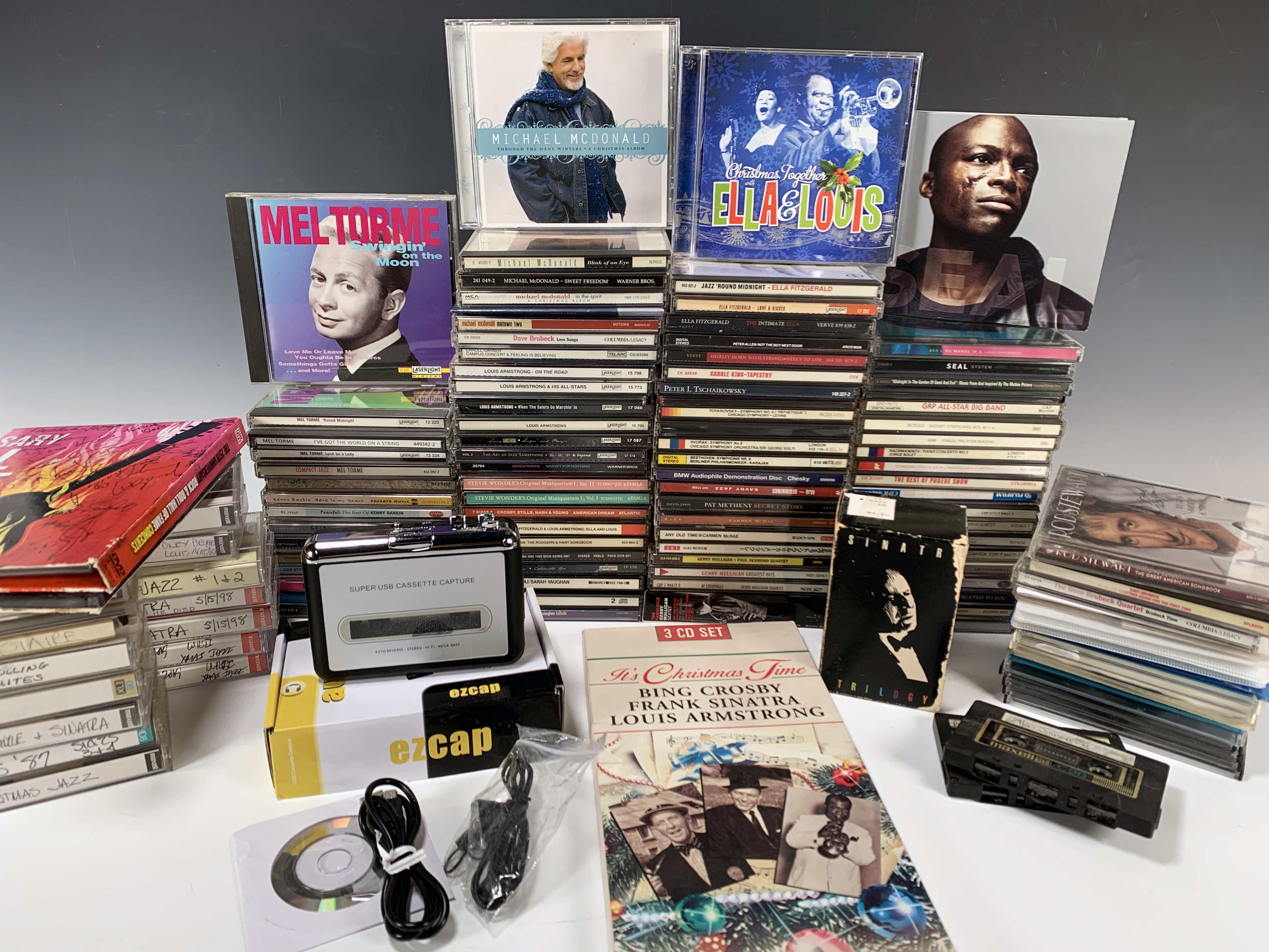 Large Lot Of Cds And Tapes And Cassette Converter image 1