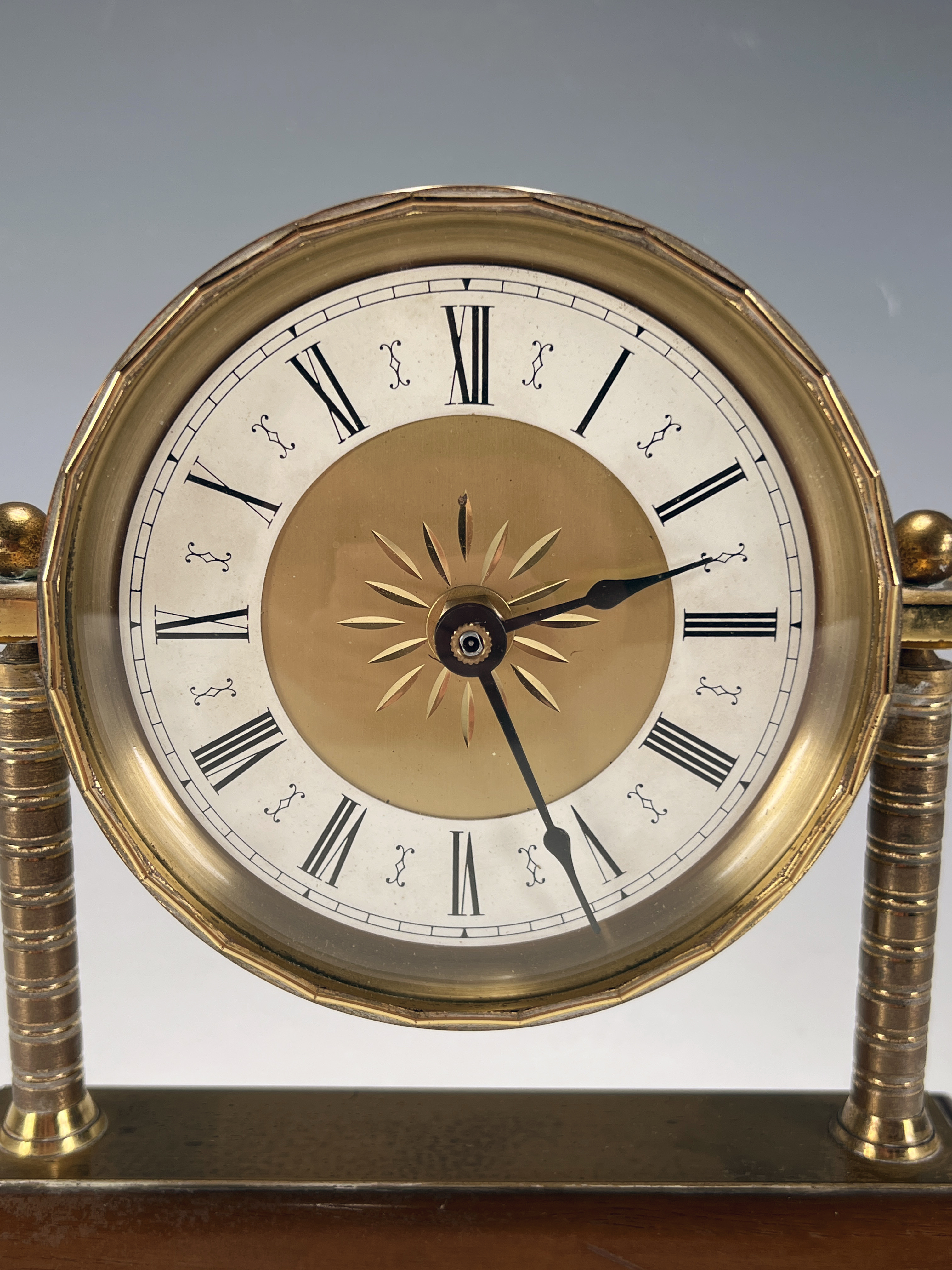 Brass And Wood Mantel Column Clock image 2