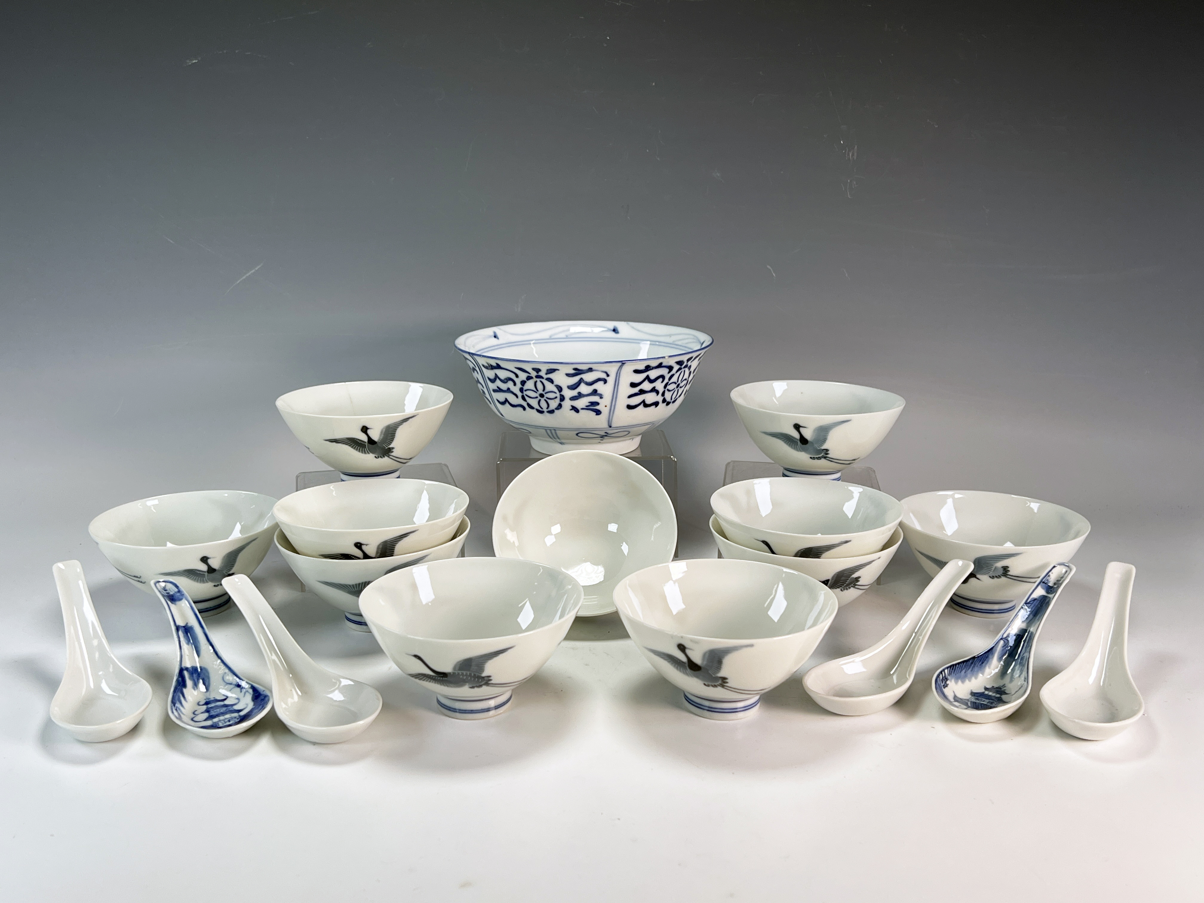 Asian Style B & W Soup Bowl, 11 Rice Bowls, 6 Soup Spoons image 1