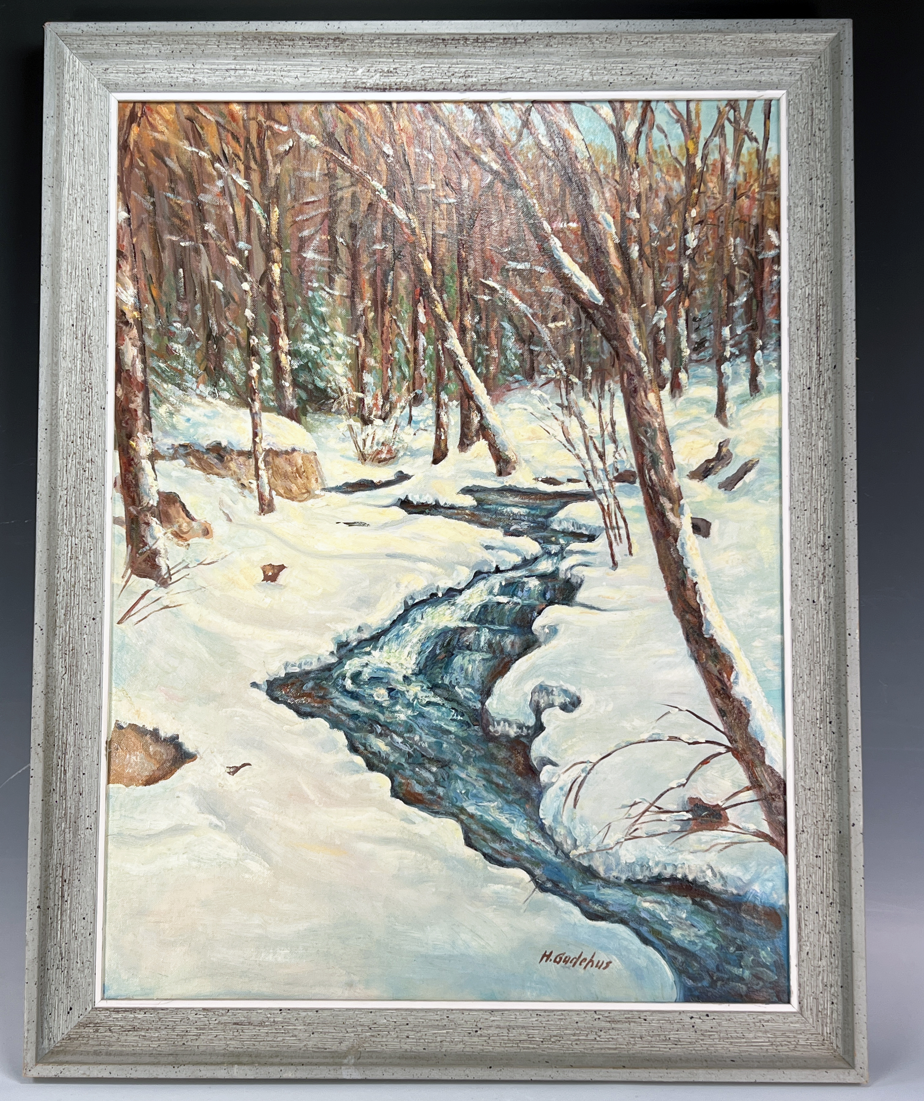 Snow Scene Of  Stream In Forest Signed H. Gudehus image 1