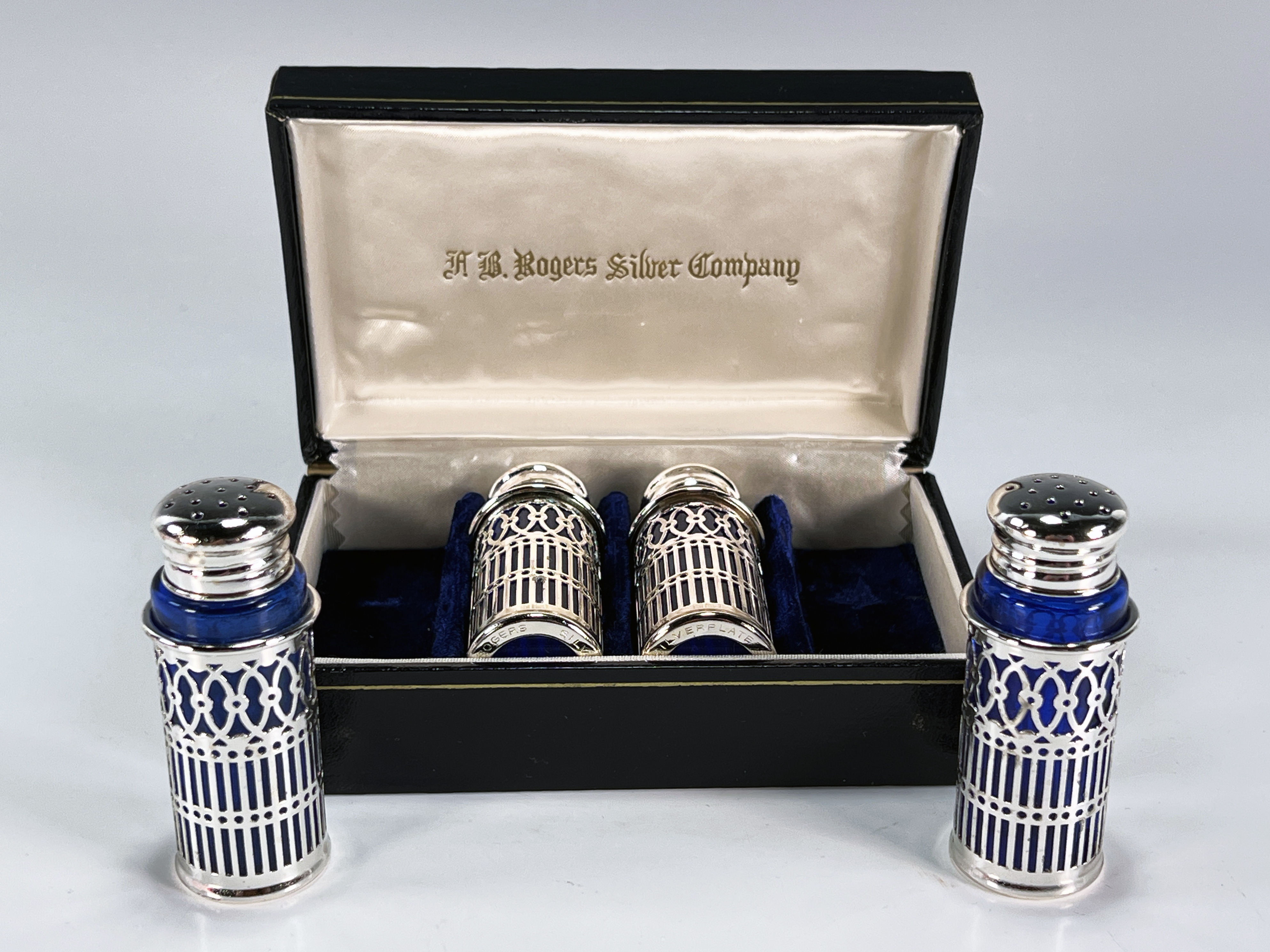 F.b. Rogers Silverplate Shakers With Cobalt Glass Insert In Box image 1