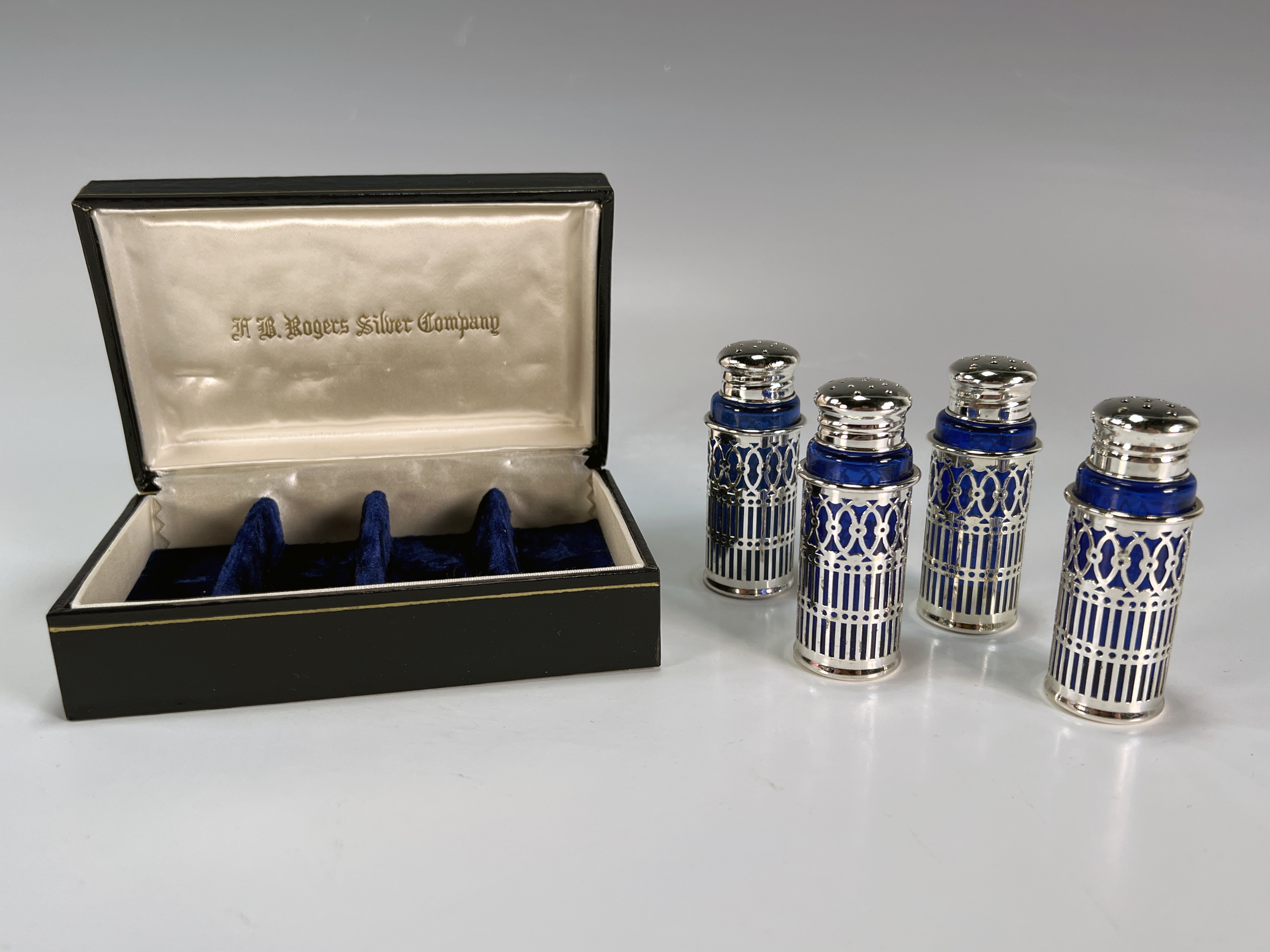 F.b. Rogers Silverplate Shakers With Cobalt Glass Insert In Box image 2