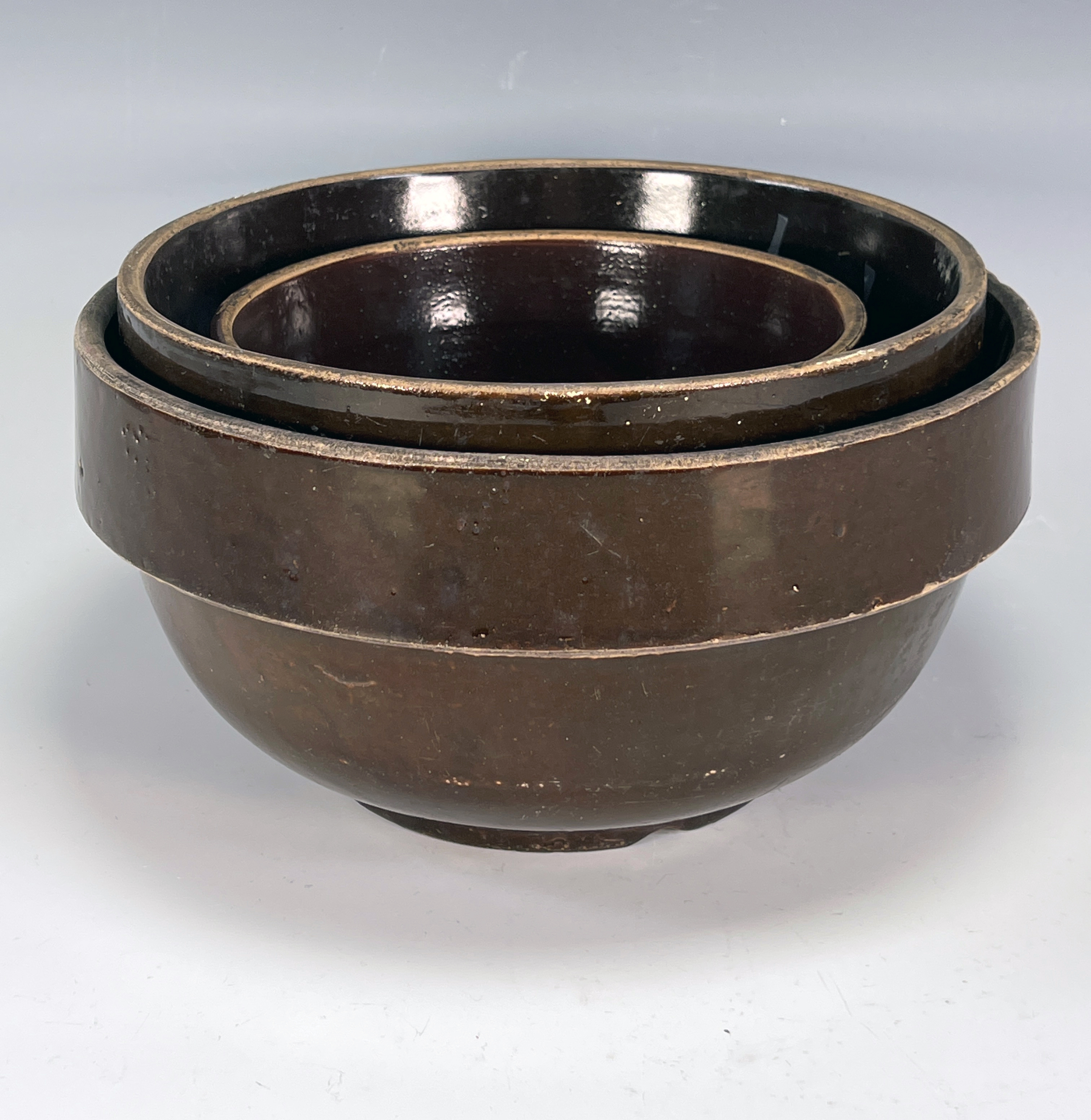 3 Dark Brown Glazed Ceramic Nesting Bowls image 2