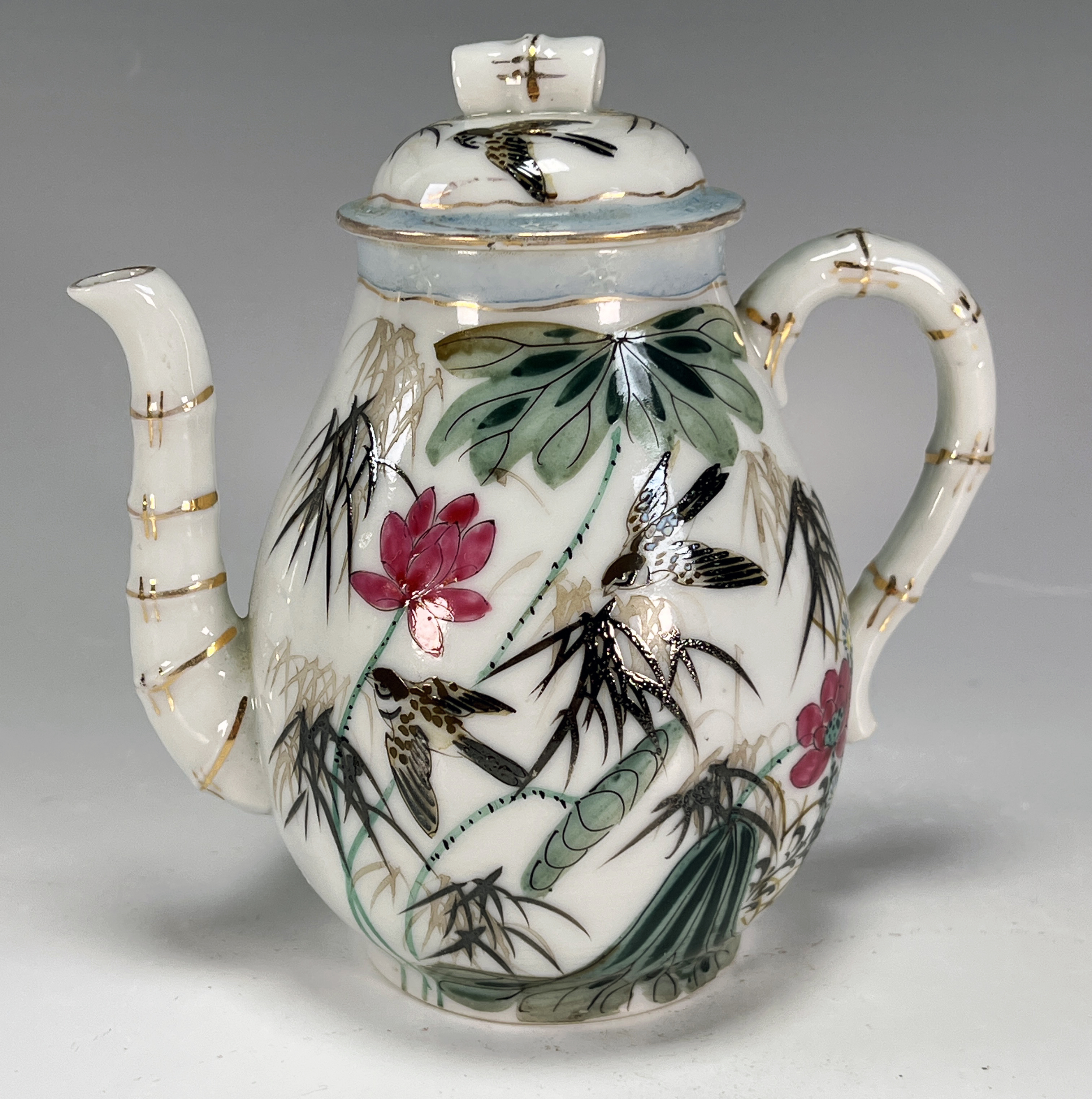 Flower & Bird Teapot With Bamboo Design image 1