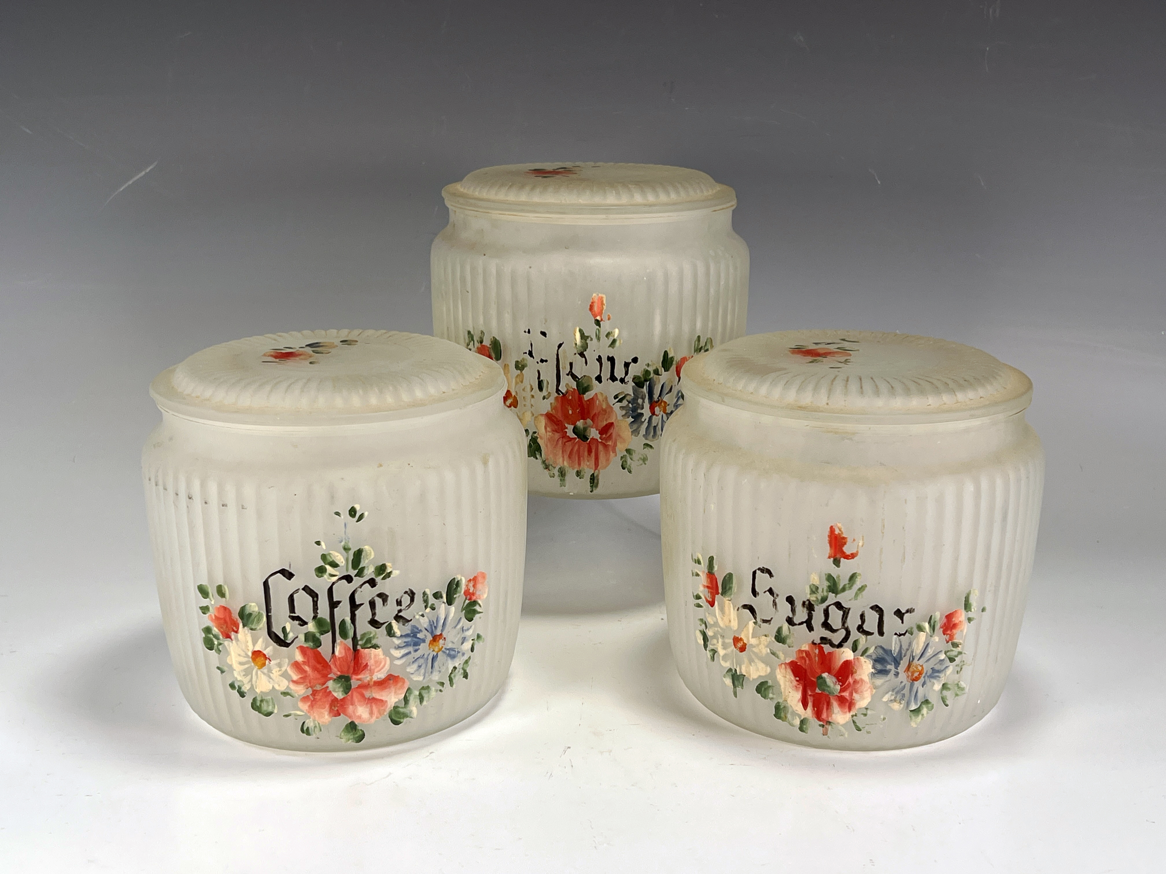 3 Anchor Hocking Frosted Glass Floral Canisters  image 1