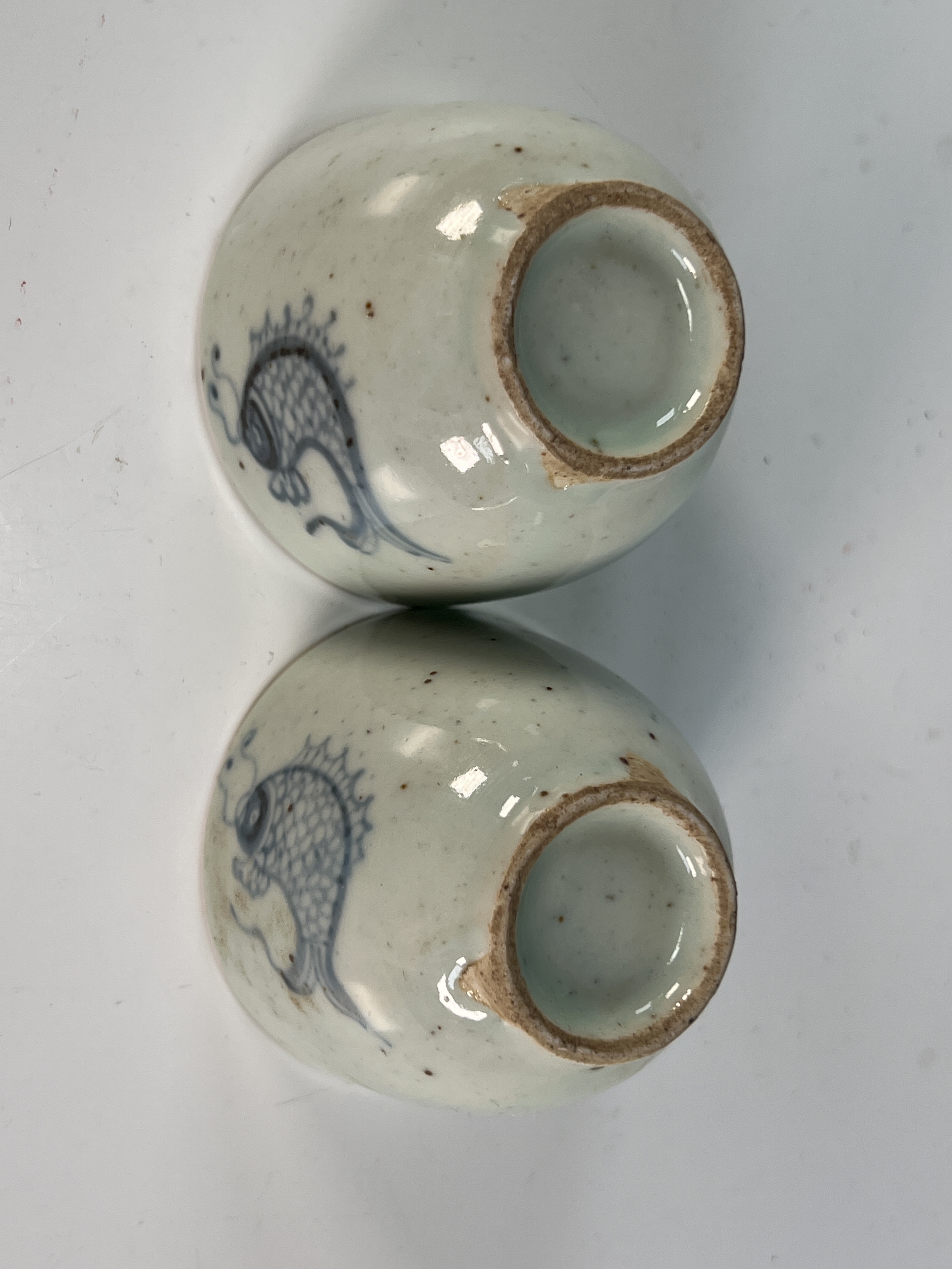 Pair Small Blue & White Fish Tea Cups image 3