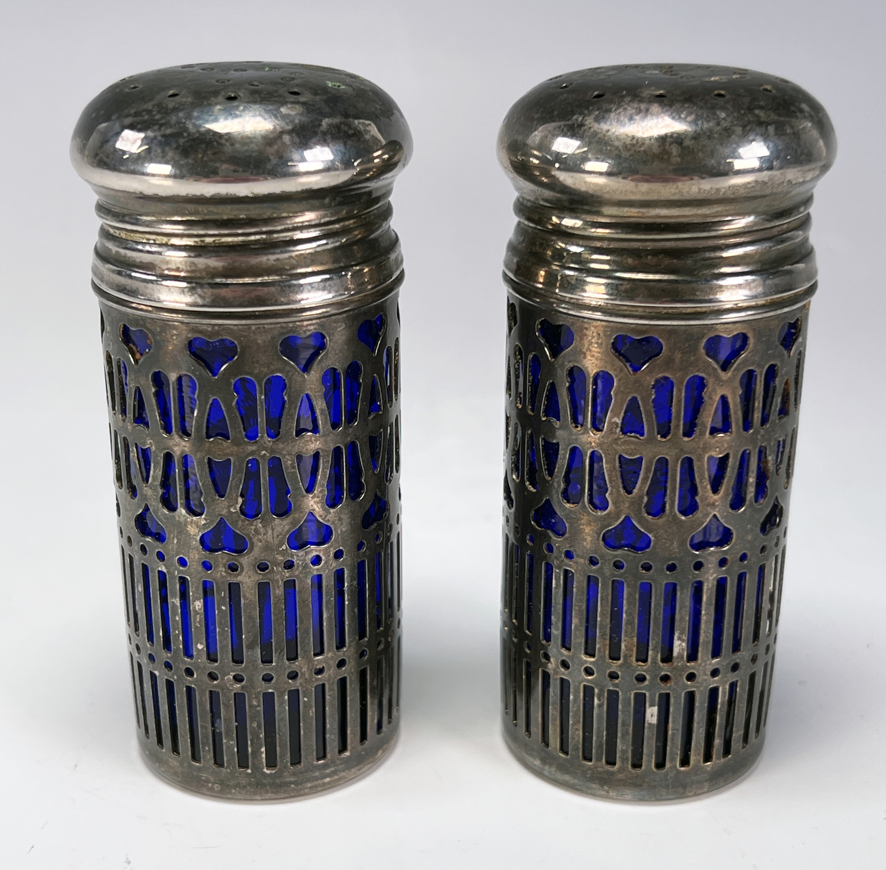 Pierced Silverplate & Cobalt Blue Glass Salt & Pepper Shakers image 1