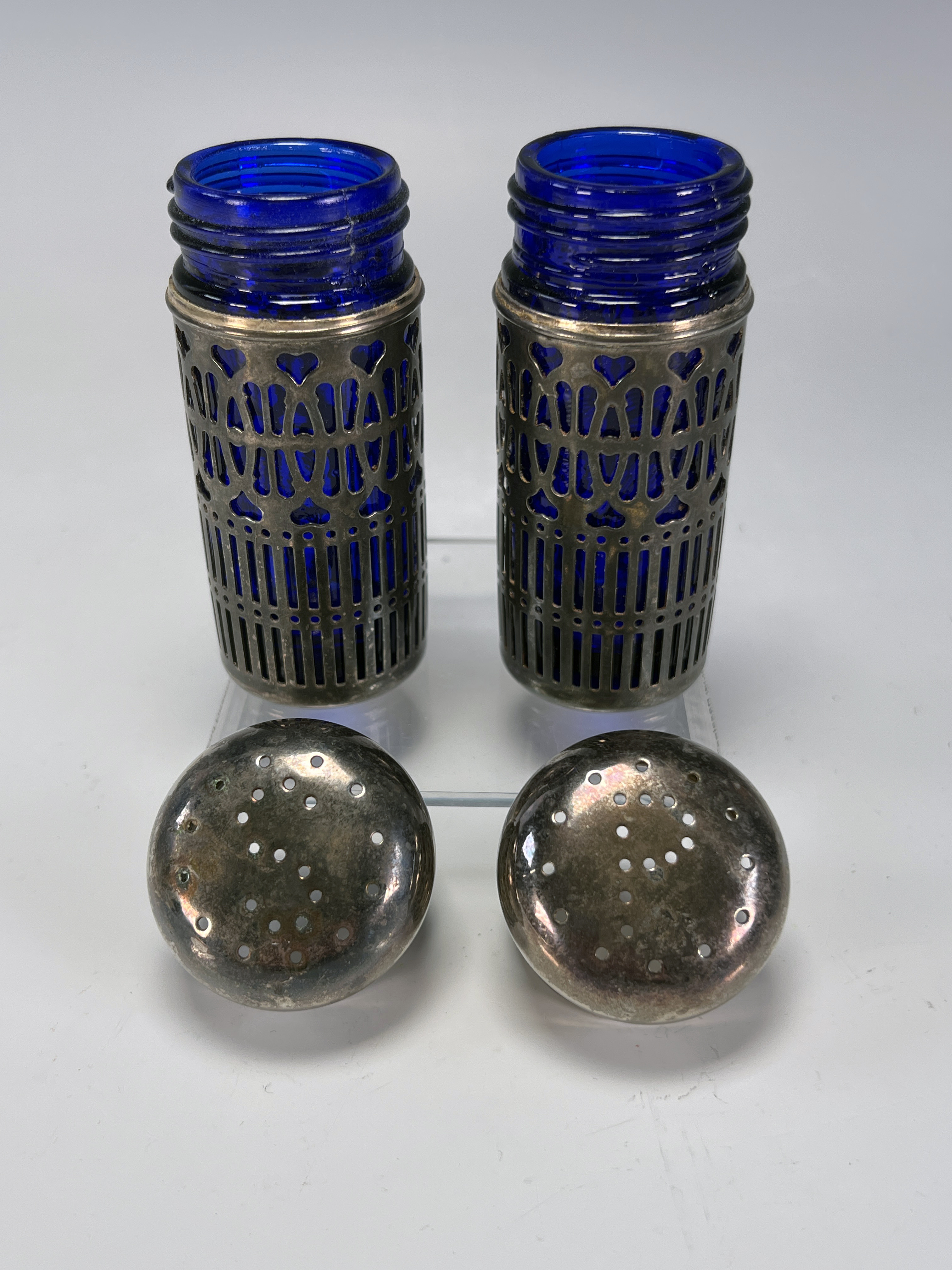 Pierced Silverplate & Cobalt Blue Glass Salt & Pepper Shakers image 2
