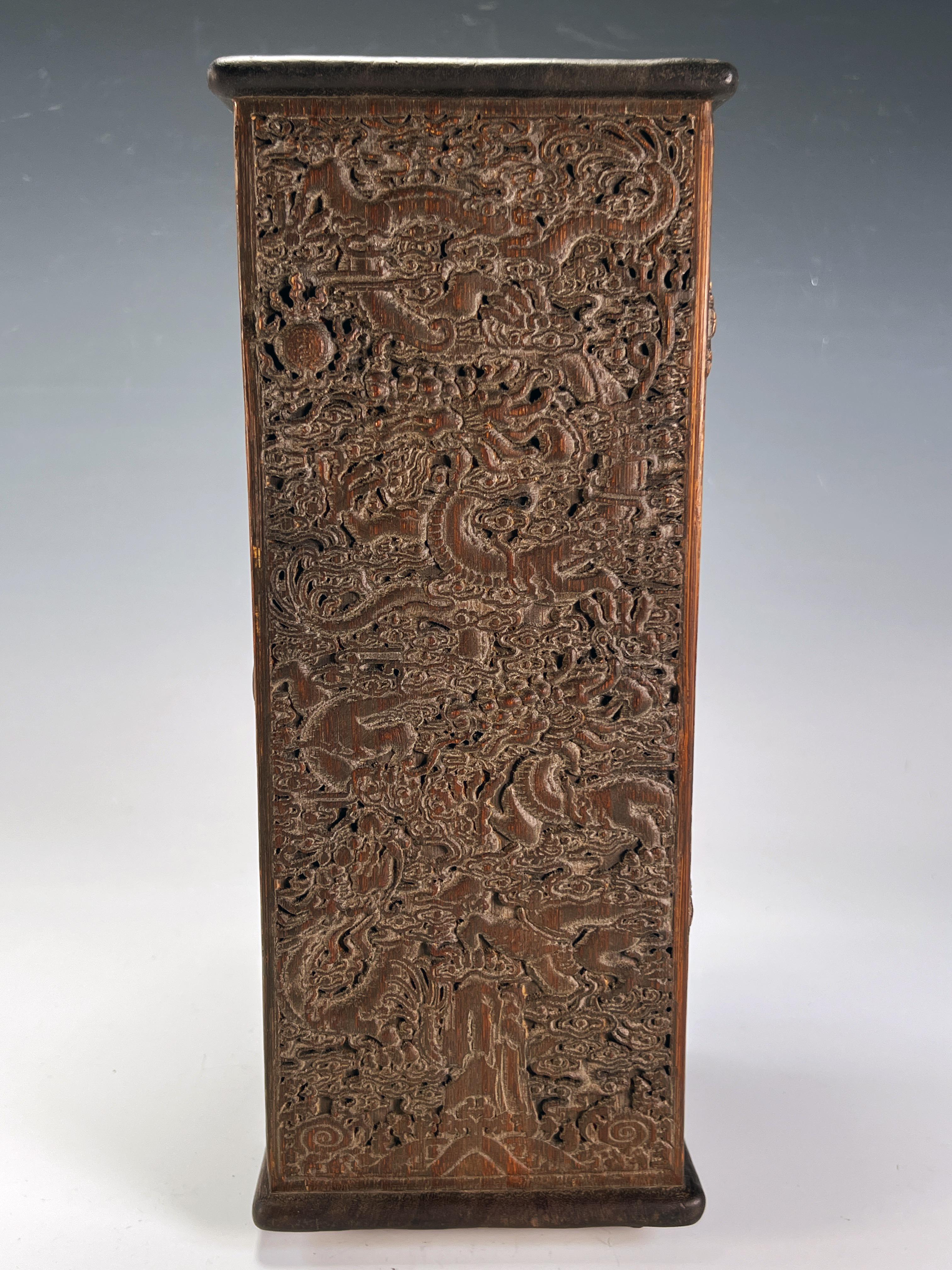 Carved Wooden Squared Dragon Vase image 1