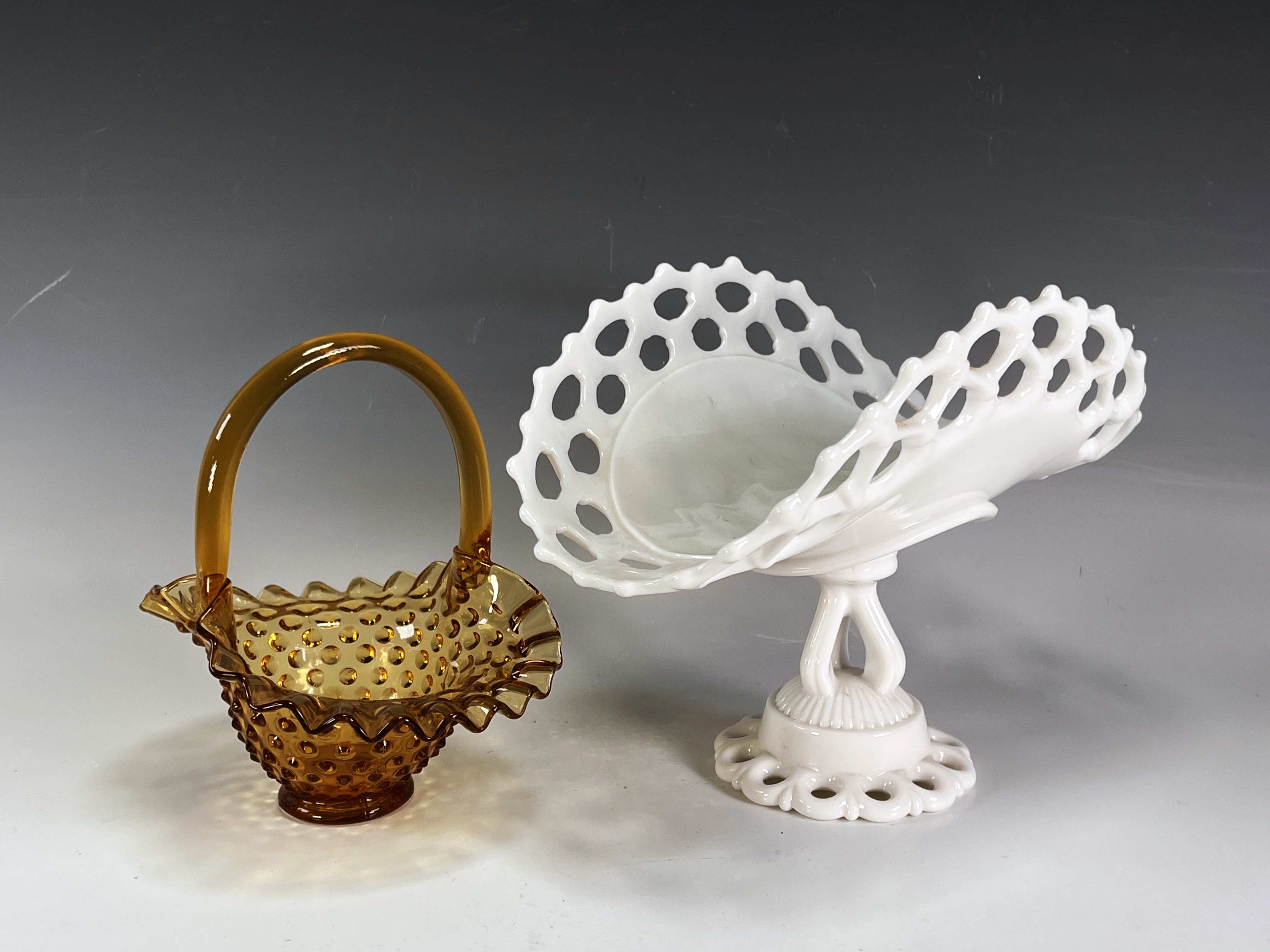 Fenton Hobnail Glass Basket & Milk Glass Basket image 1