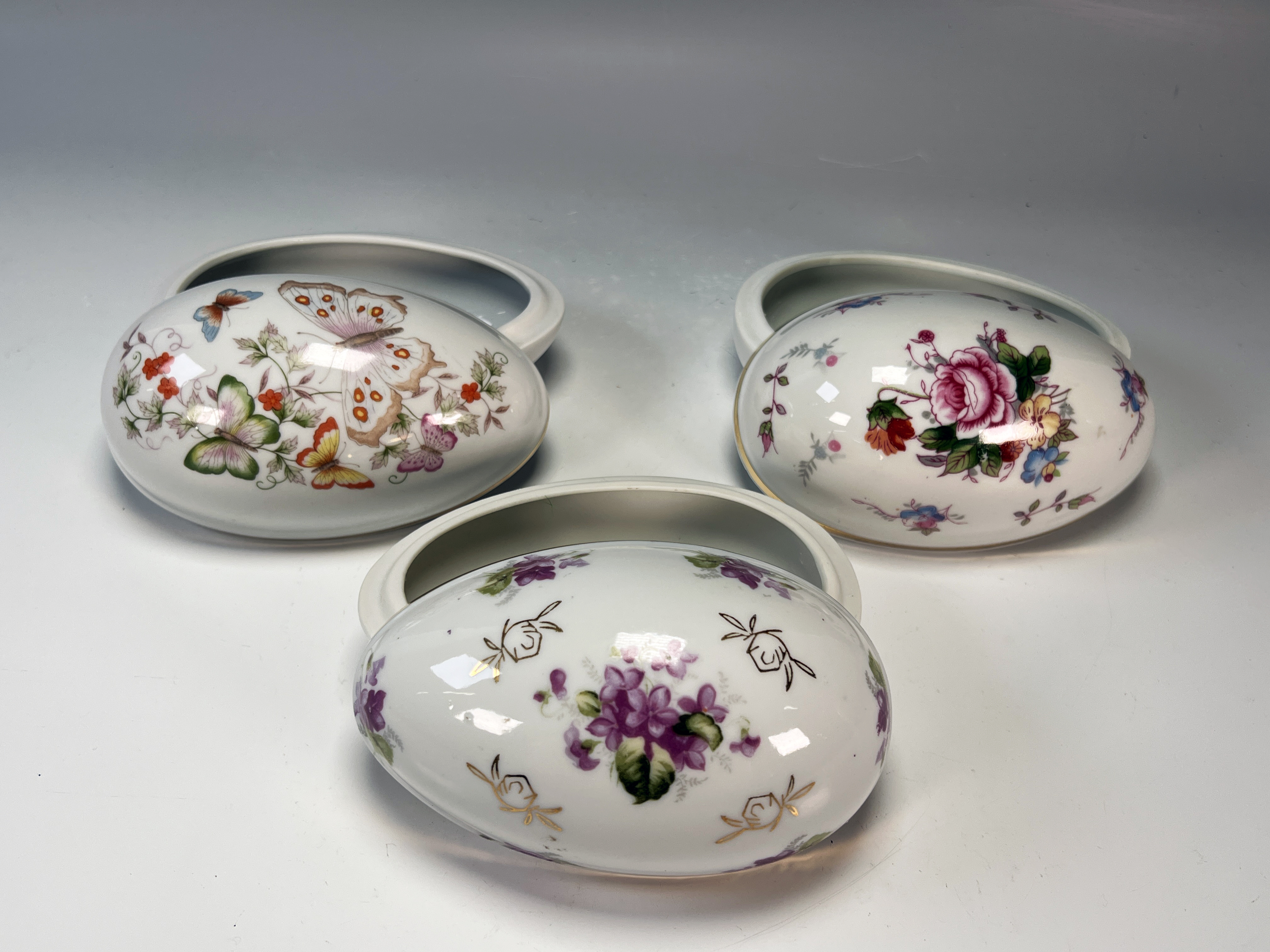 3 Ceramic Floral Egg Form Trinket Boxes image 1