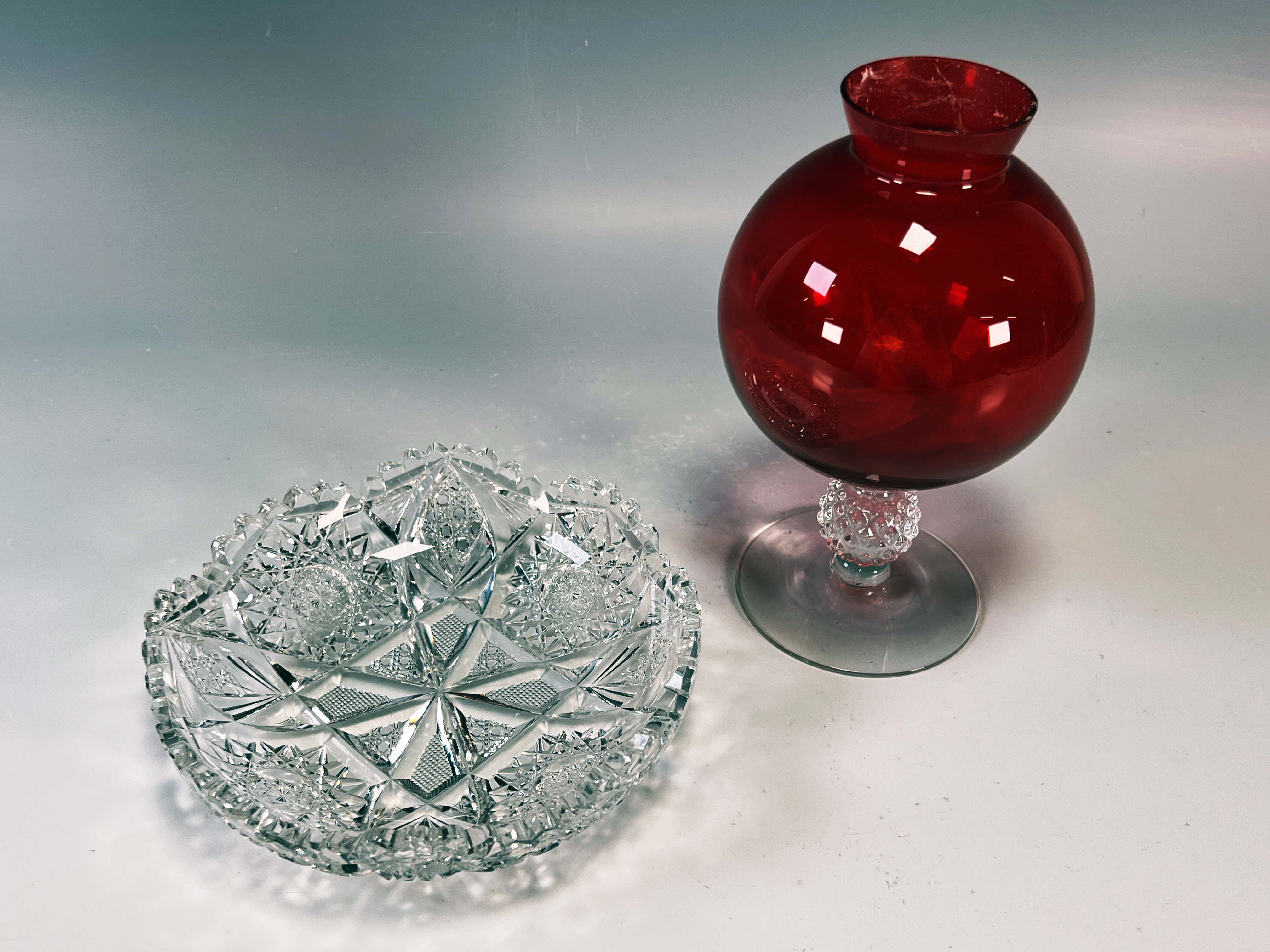 American Brilliant Cut Dish & Red Glass Vase image 1