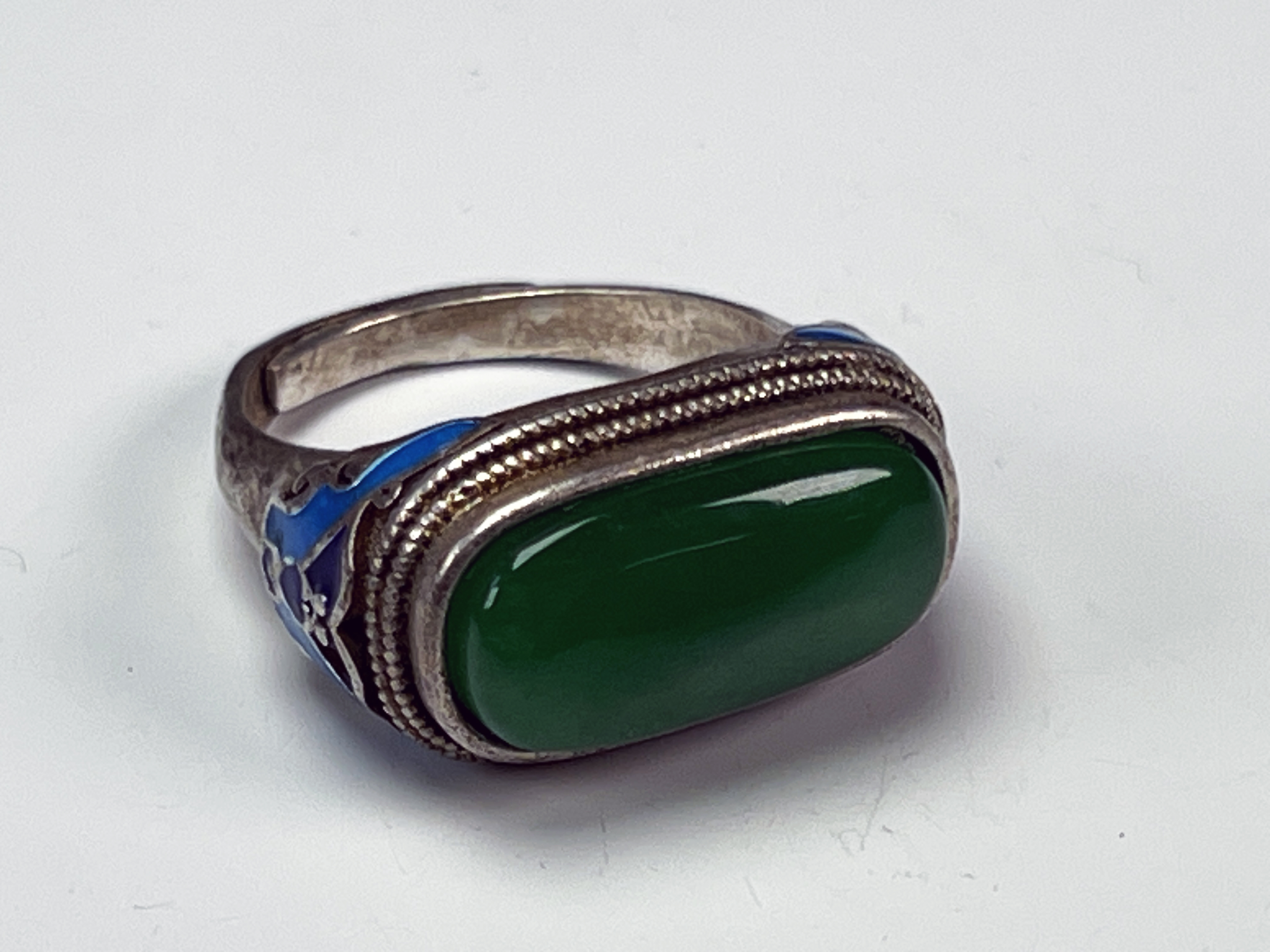 Silver-Color Jade Cabochon & Enamel Ring image 1