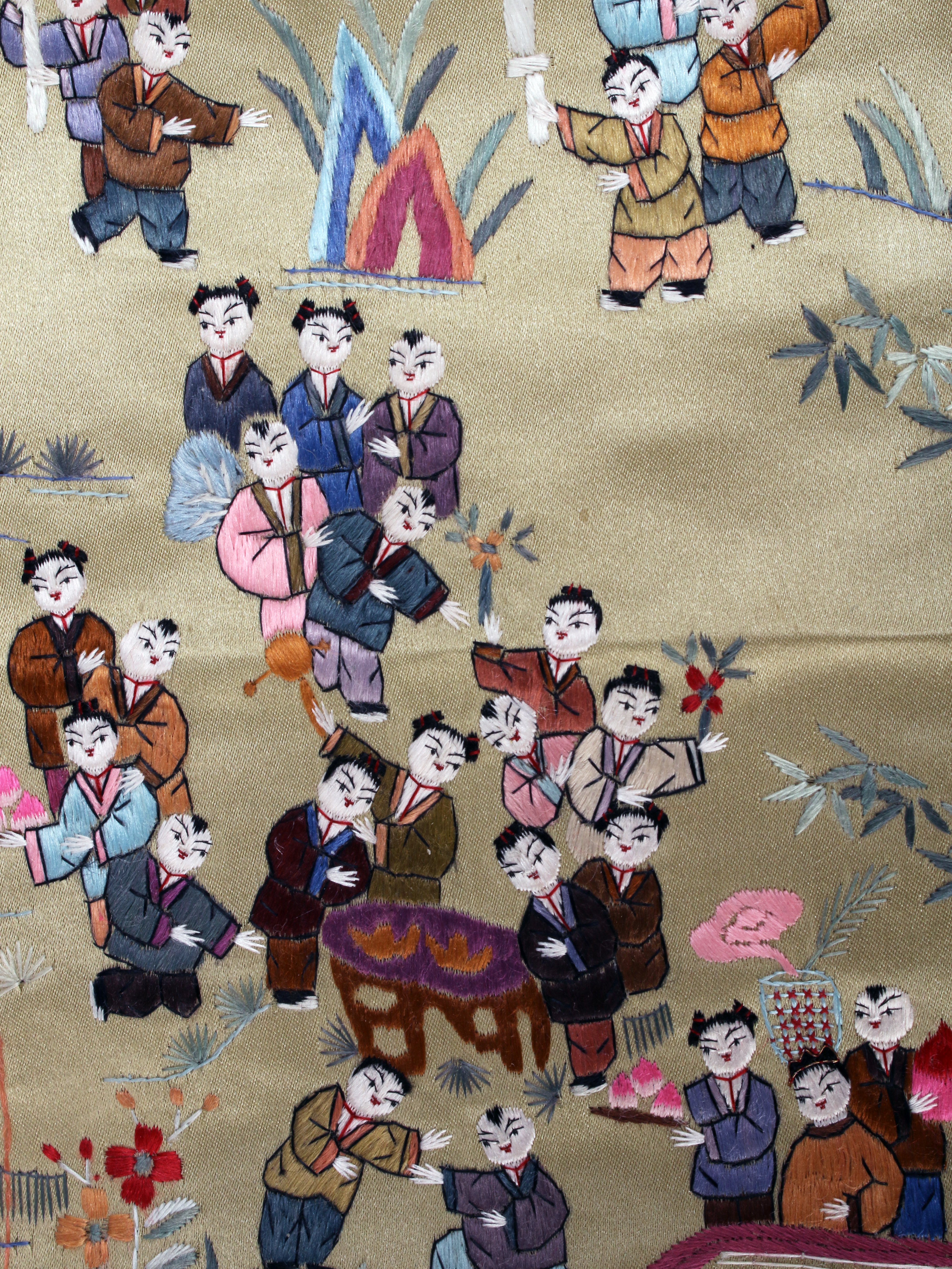 Antique Chinese Silk Embroidery Of 100 Boys - Auspicious Multicolored Art On Yellow Background, 13x25 Inches image 3