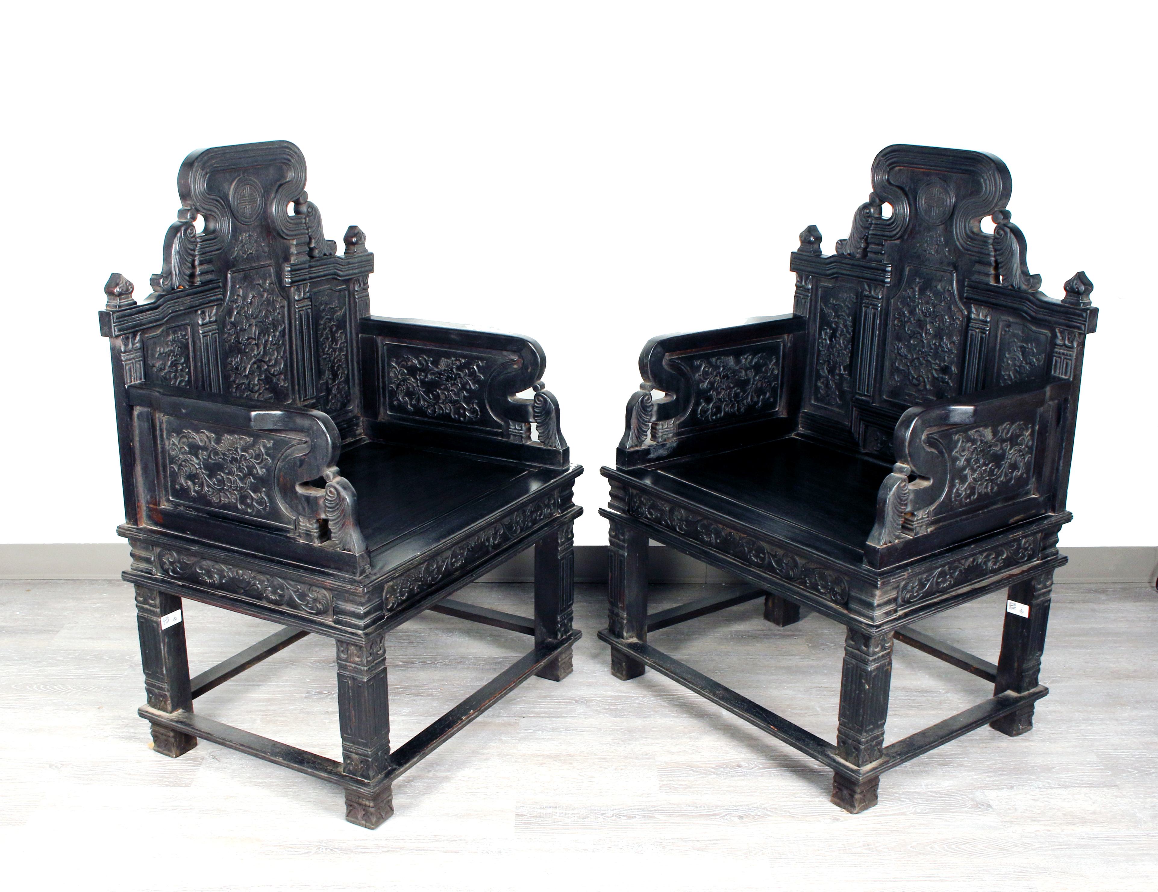 Pair Of Opulent Zitan Chinese Carved Throne Chairs image 1
