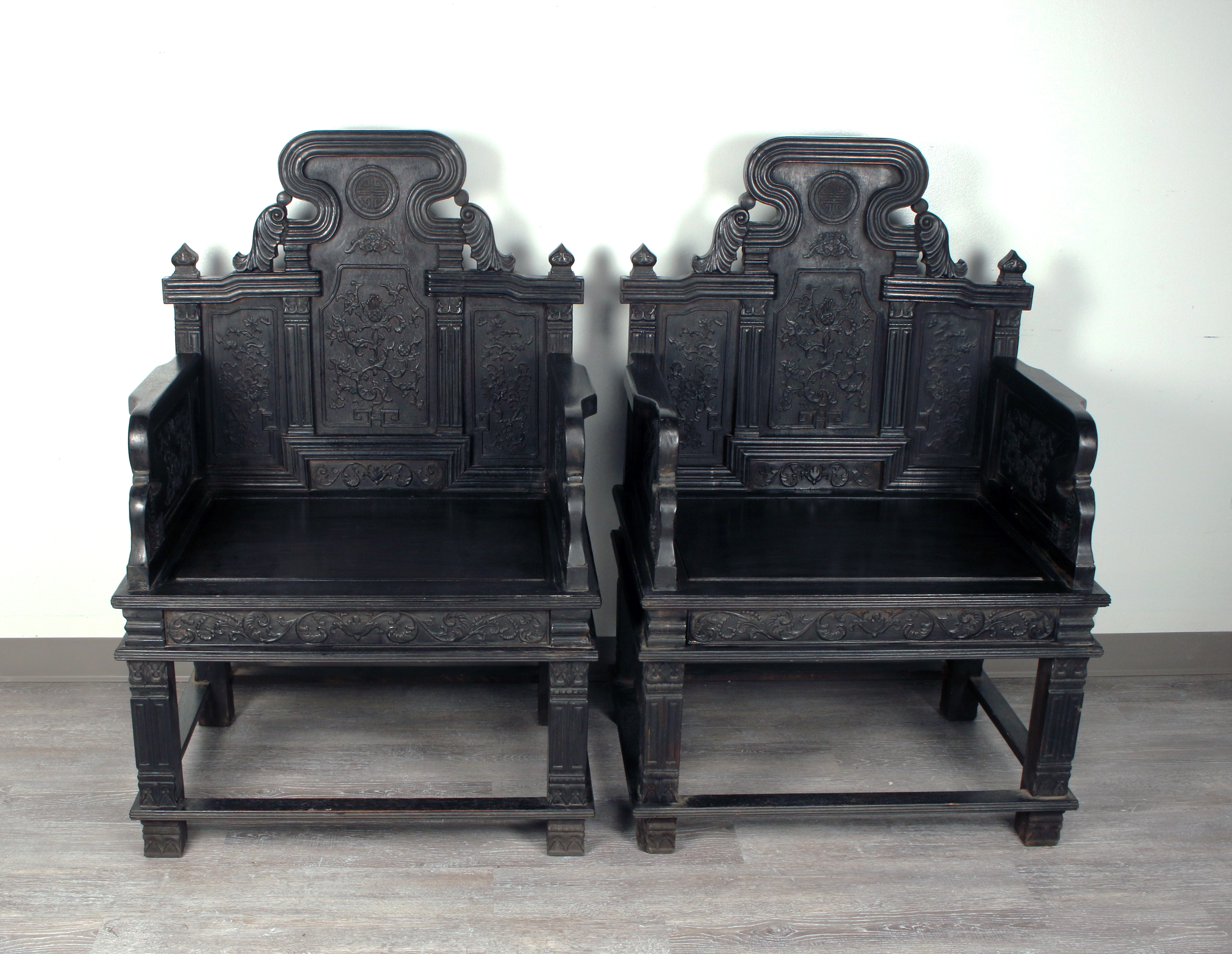 Pair Of Opulent Zitan Chinese Carved Throne Chairs image 3